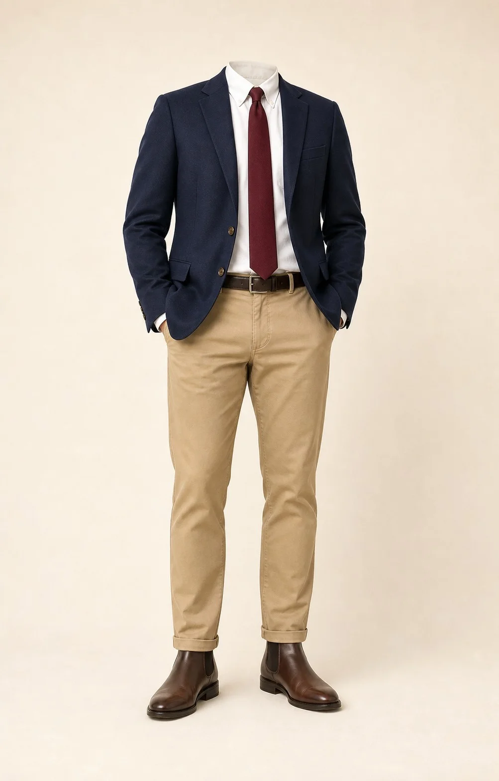 The Foundation: Navy blazer, Khaki chinos, White Oxford shirt, Burgundy tie, dark brown belt, and brown Chelsea boots.