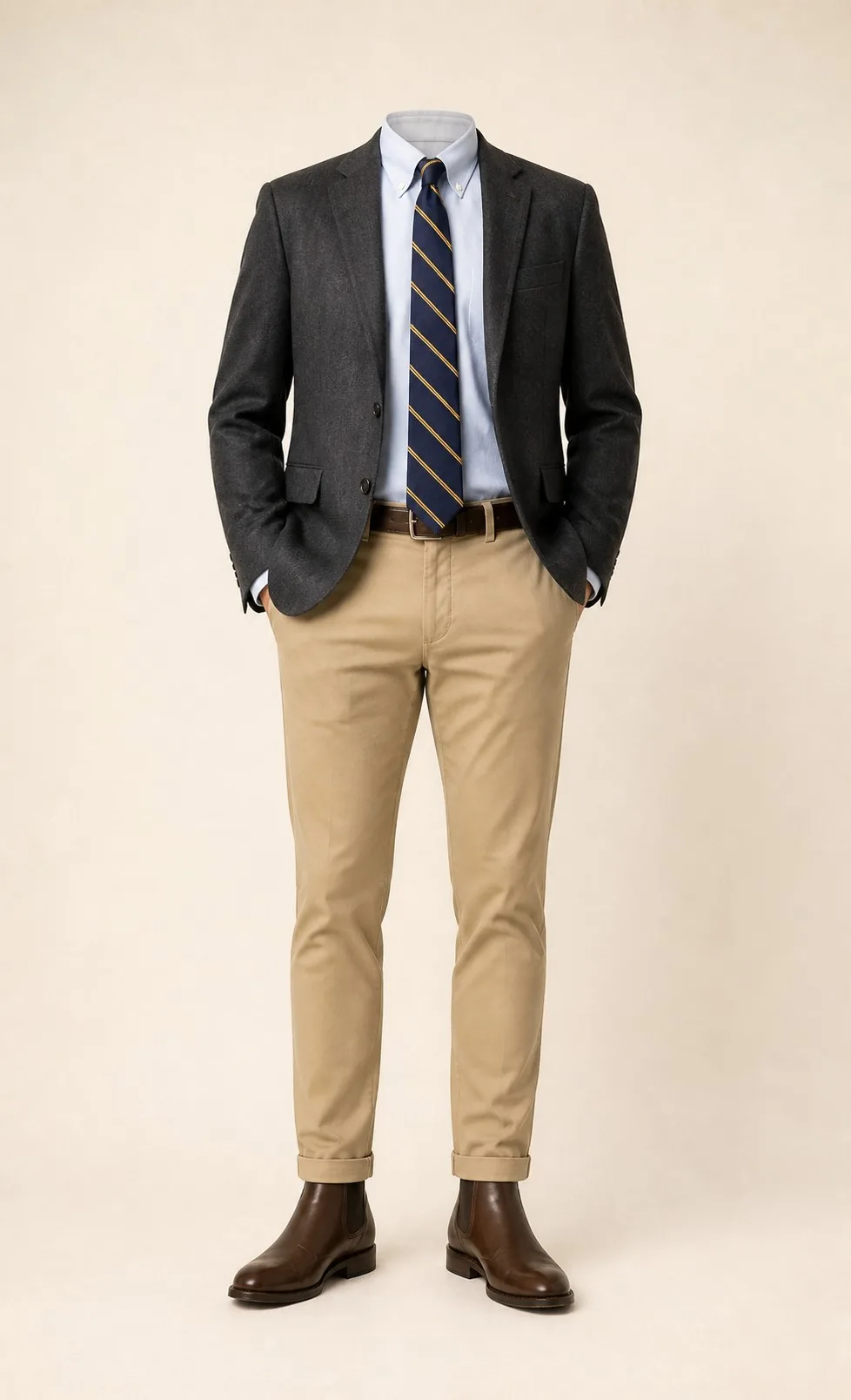 Gray Sunday Standard: Gray blazer, Khaki chinos, Light blue Oxford shirt, Navy/gold repp stripe tie, dark brown belt, and brown Chelsea boots.
