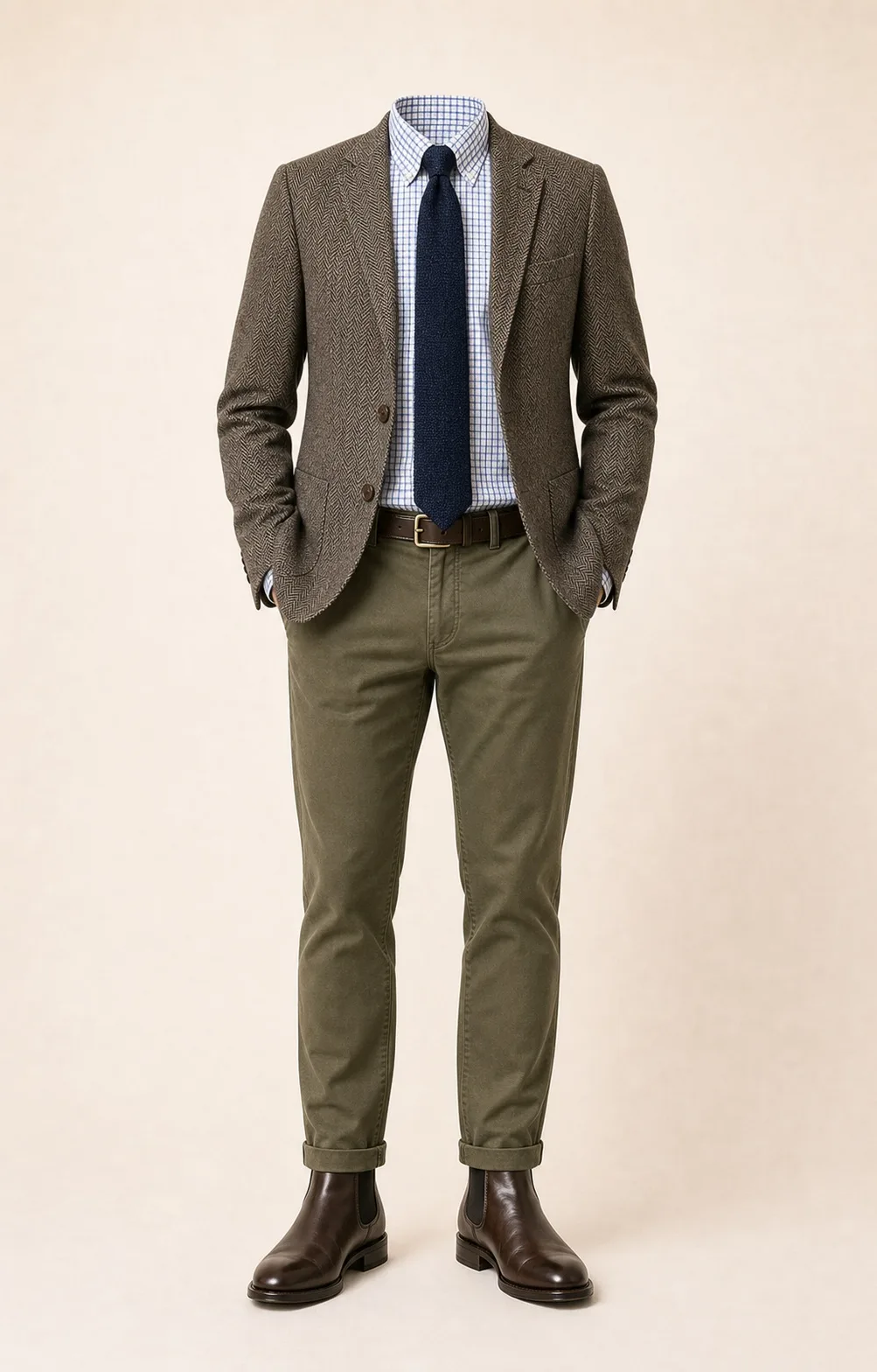 Herringbone Heritage: Brown herringbone blazer, Olive chinos, White/blue check Oxford shirt, Navy knit tie, dark brown belt, and brown Chelsea boots.