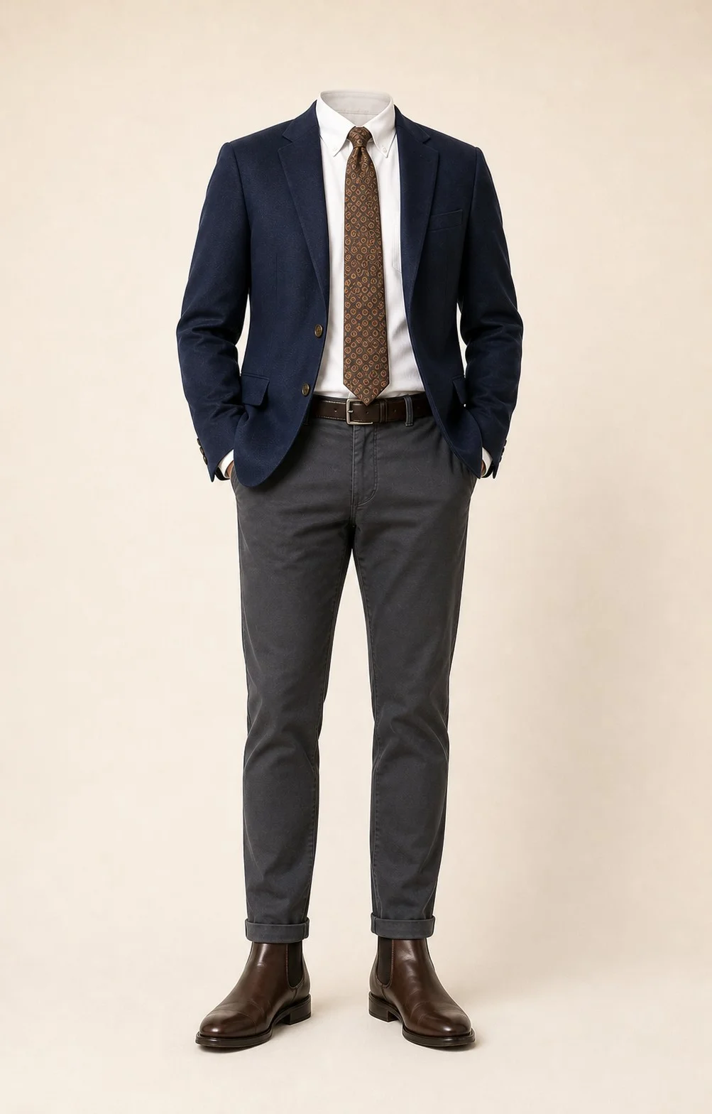 Navy with Charcoal Contrast: Navy blazer, Charcoal gray chinos, White Oxford shirt, Brown/gold patterned tie, dark brown belt, and brown Chelsea boots.