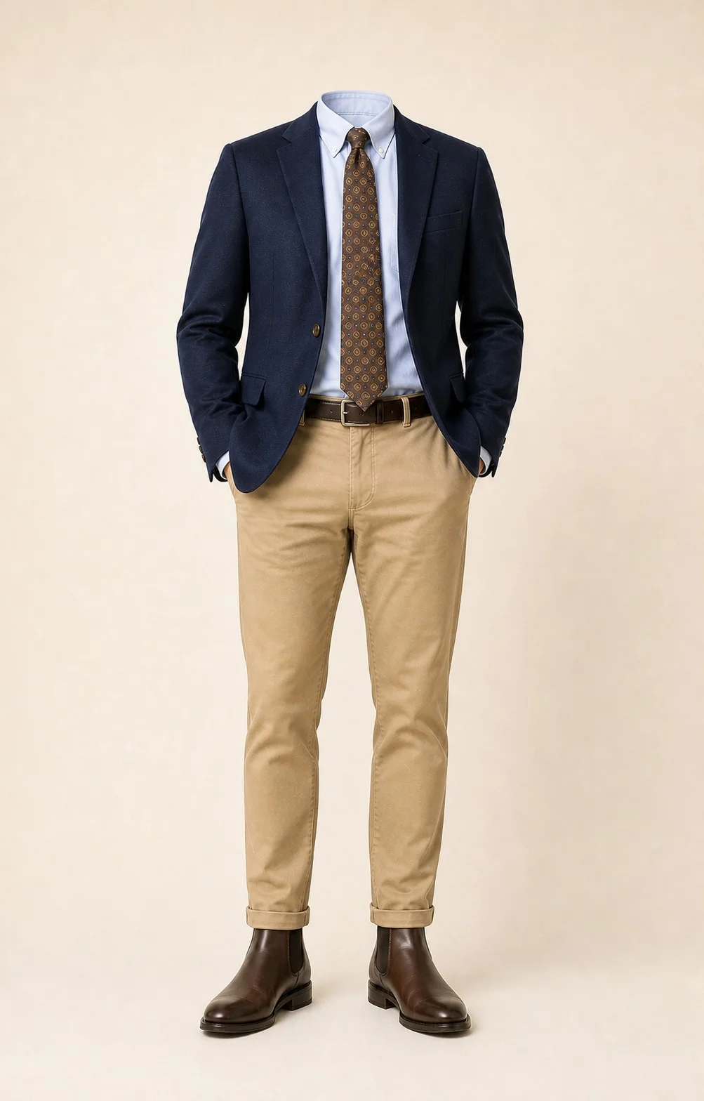 Warm Navy Classic: Navy blazer, Khaki chinos, Light blue Oxford shirt, Brown/gold patterned tie, dark brown belt, and brown Chelsea boots.