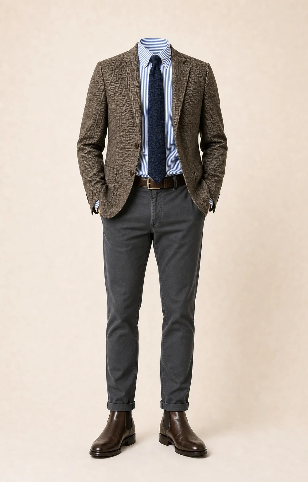 Brown and Charcoal Texture: Brown herringbone blazer, Charcoal gray chinos, Blue/white stripe Oxford shirt, Navy knit tie, dark brown belt, and brown Chelsea boots.