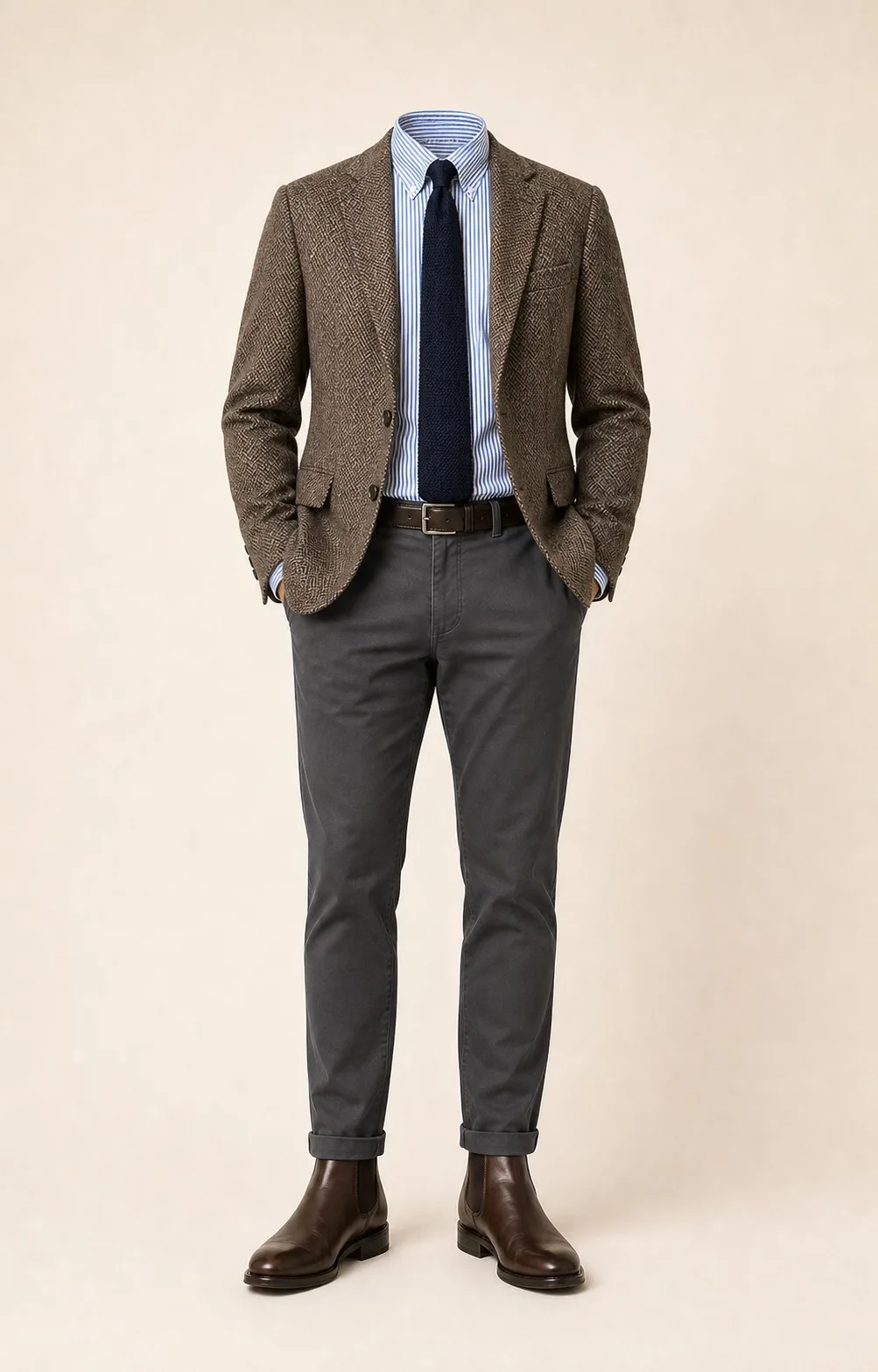 Brown and Charcoal Texture: Brown herringbone sport coat, Charcoal gray chinos, Blue/white stripe Oxford shirt, Navy knit tie, dark brown belt, and brown Chelsea boots.