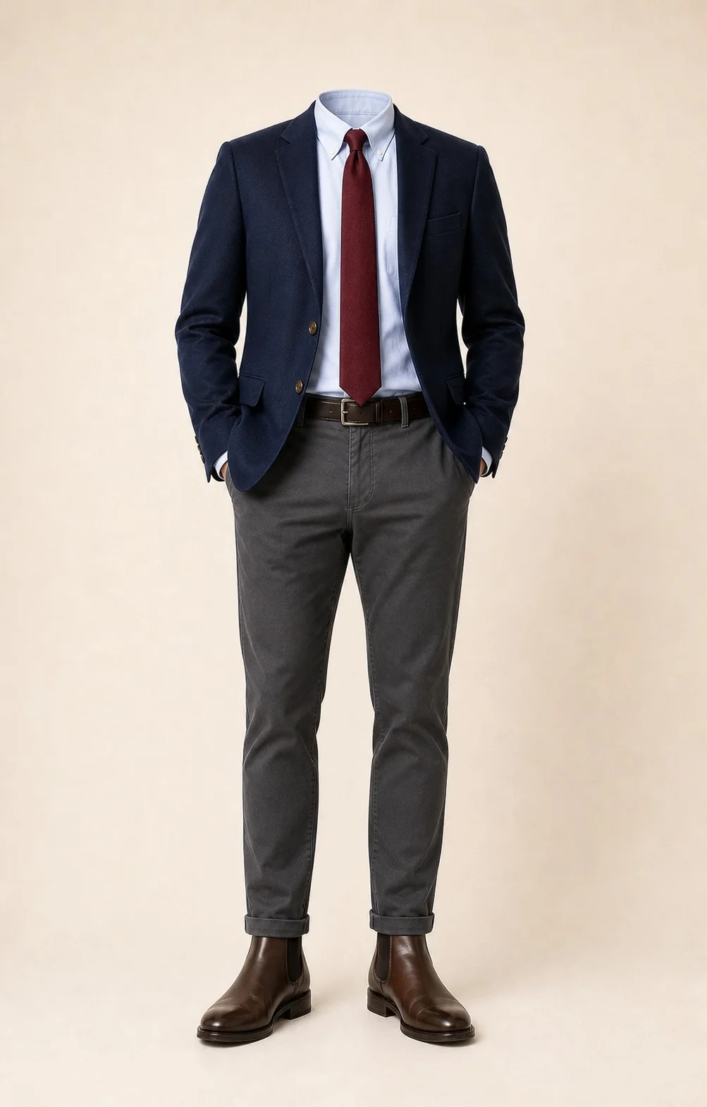 Simple and Sharp: Navy blazer, Charcoal gray chinos, Light blue Oxford shirt, Burgundy tie, dark brown belt, and brown Chelsea boots.
