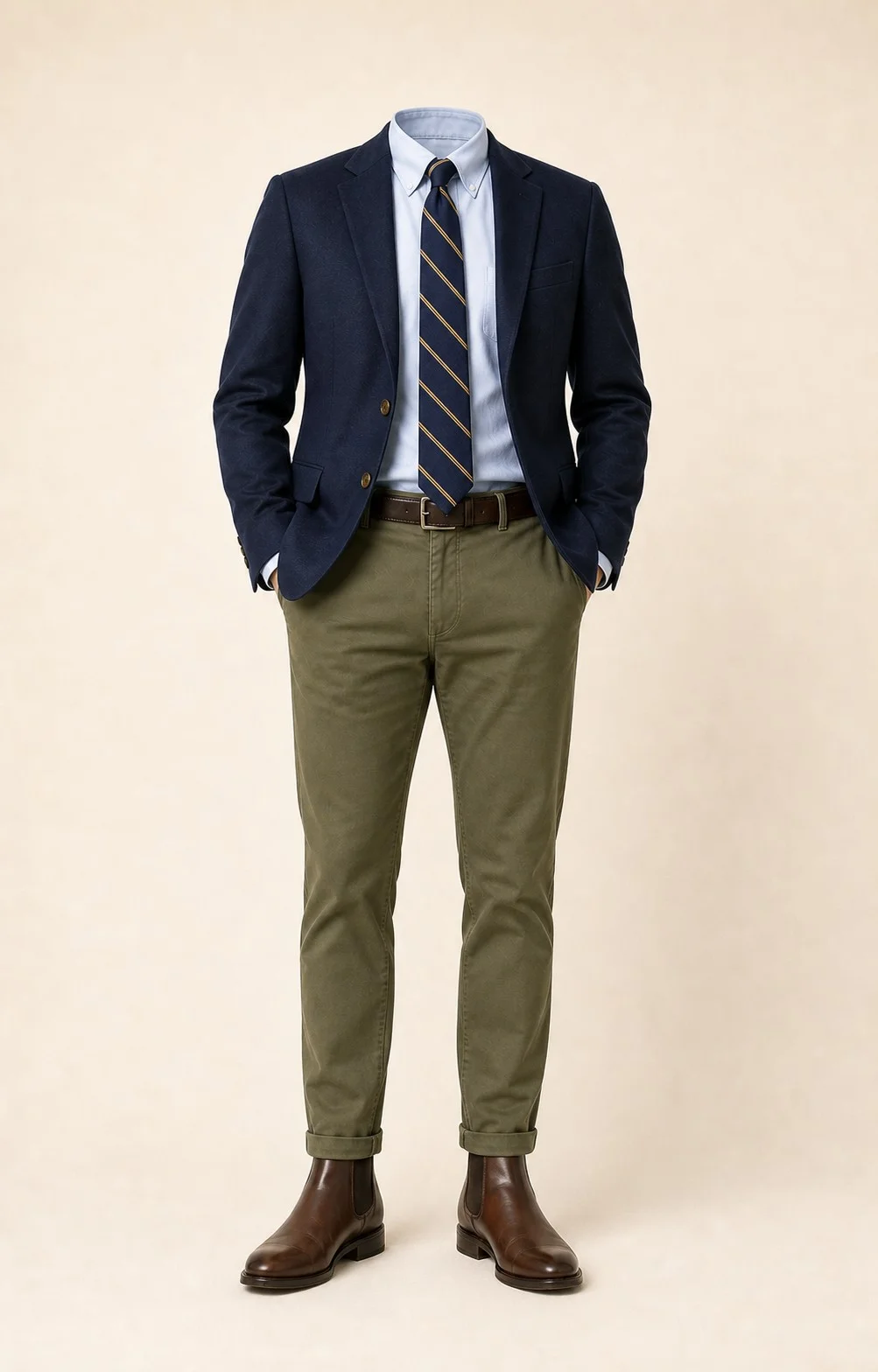 Navy and Olive Classic: Navy blazer, Olive chinos, Light blue Oxford shirt, Navy/gold repp stripe tie, dark brown belt, and brown Chelsea boots.