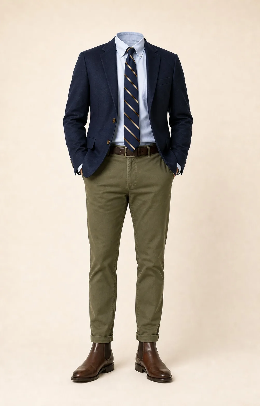 Navy and Olive Classic: Navy blazer, Olive chinos, Light blue Oxford shirt, Navy/gold repp stripe tie, dark brown belt, and brown Chelsea boots.