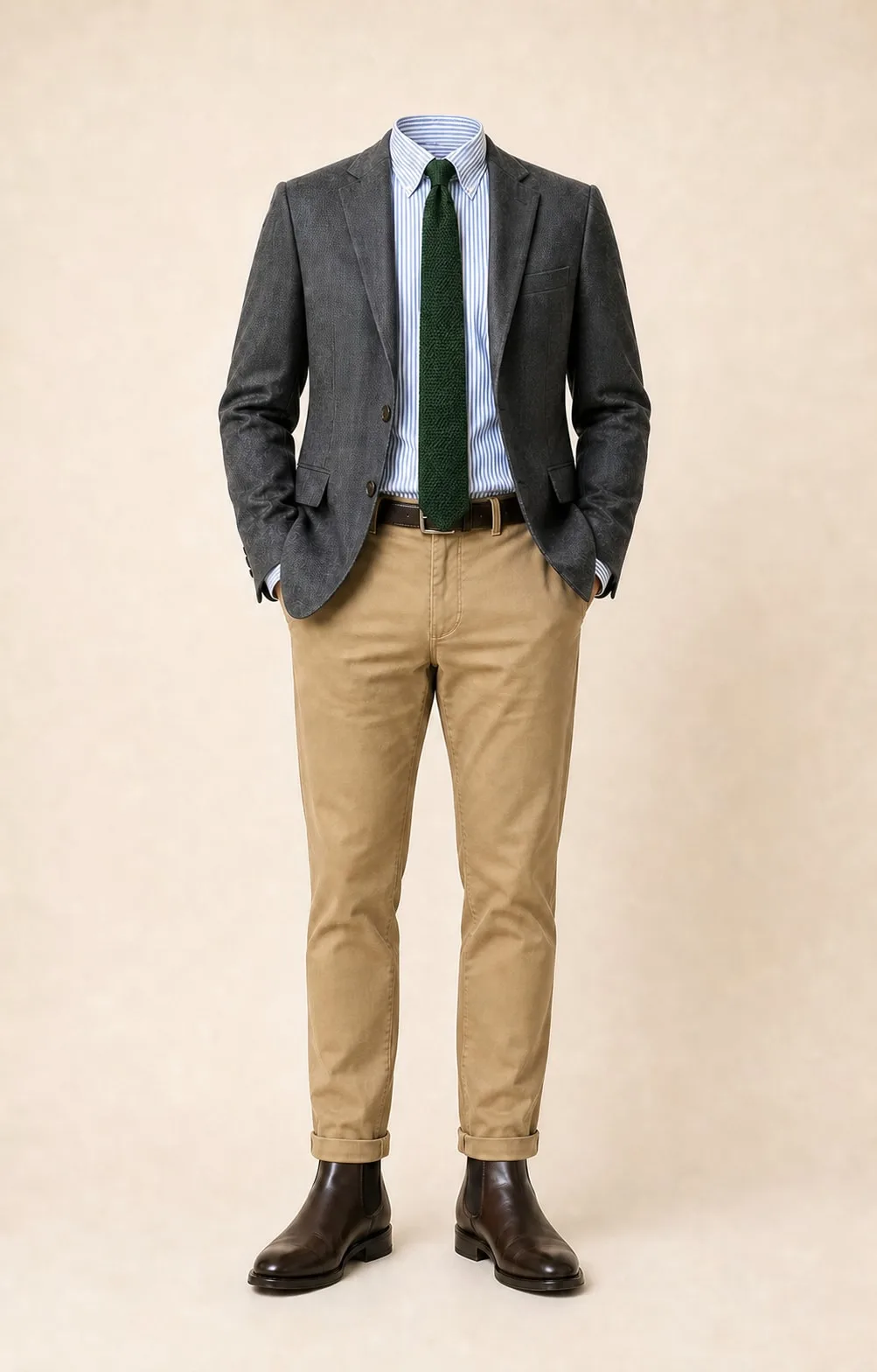 Gray with Forest Green: Gray blazer, Khaki chinos, Blue/white stripe Oxford shirt, Forest green knit tie, dark brown belt, and brown Chelsea boots.