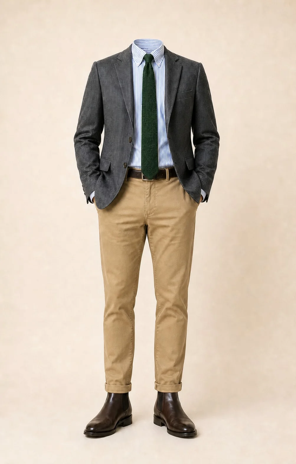 Gray with Forest Green: Gray blazer, Khaki chinos, Blue/white stripe Oxford shirt, Forest green knit tie, dark brown belt, and brown Chelsea boots.