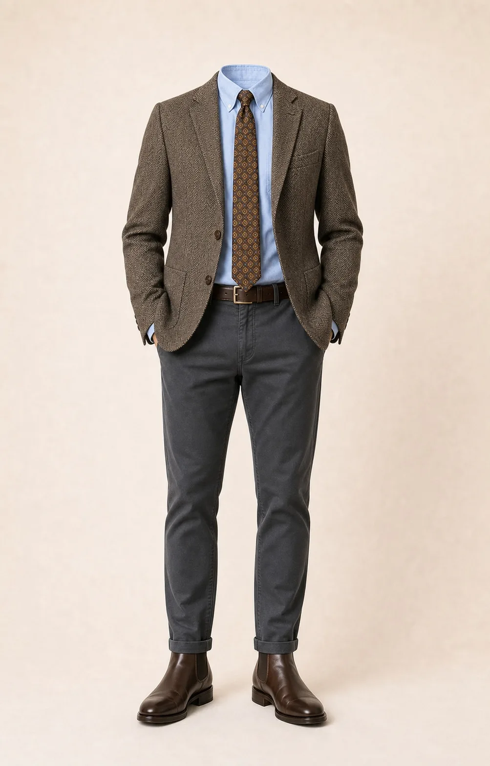 Brown on Charcoal: Brown herringbone blazer, Charcoal gray chinos, Light blue Oxford shirt, Brown/gold patterned tie, dark brown belt, and brown Chelsea boots.