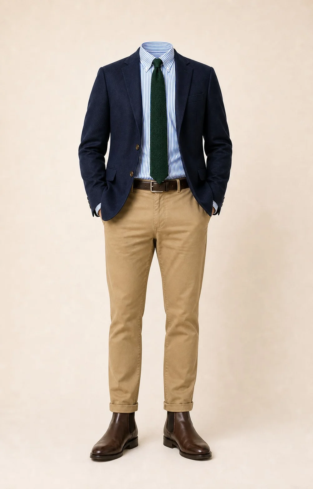 Spring Session: Navy blazer, Khaki chinos, Blue/white stripe Oxford shirt, Forest green knit tie, dark brown belt, and brown Chelsea boots.