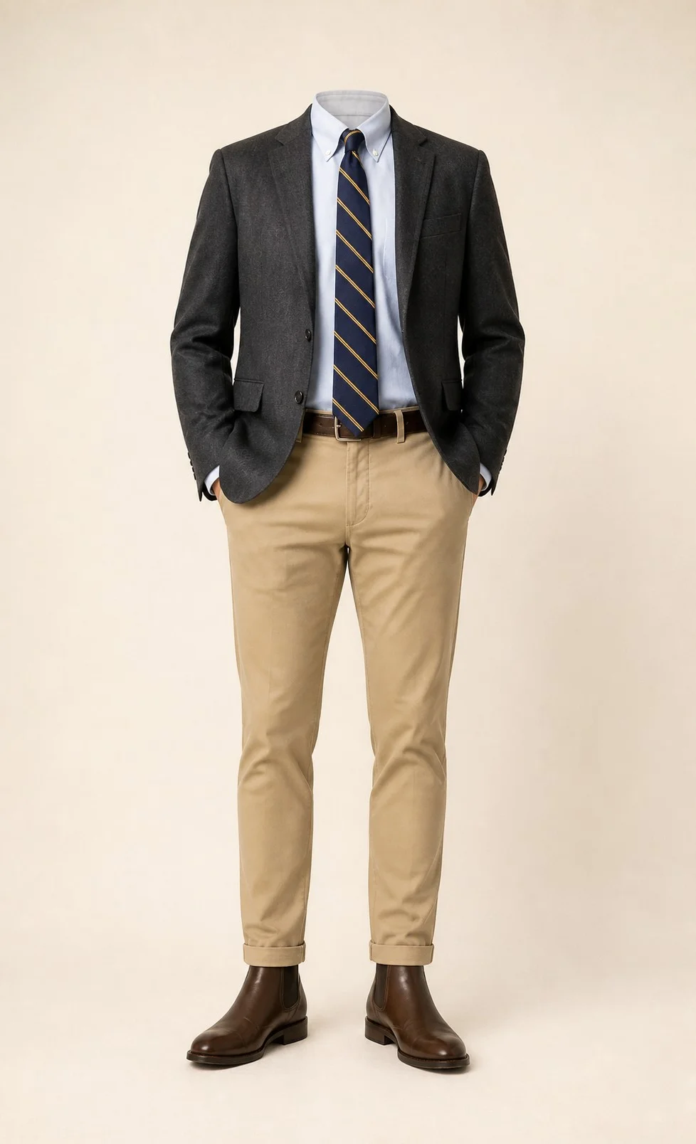 Gray Sunday Standard: Gray blazer, Khaki chinos, Light blue Oxford shirt, Navy/gold repp stripe tie, dark brown belt, and brown Chelsea boots.