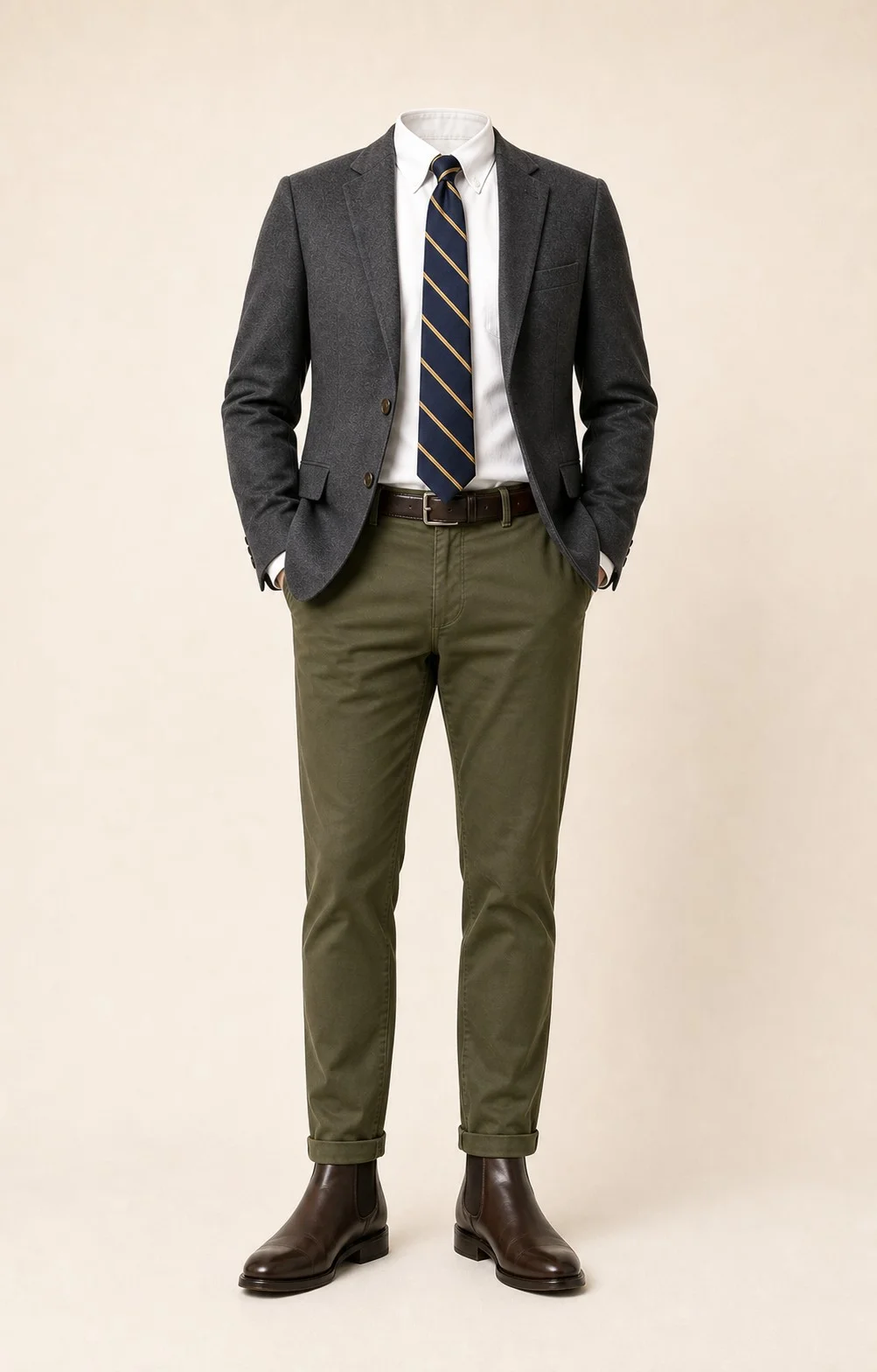 Gray and Olive Repp: Gray blazer, Olive chinos, White Oxford shirt, Navy/gold repp stripe tie, dark brown belt, and brown Chelsea boots.