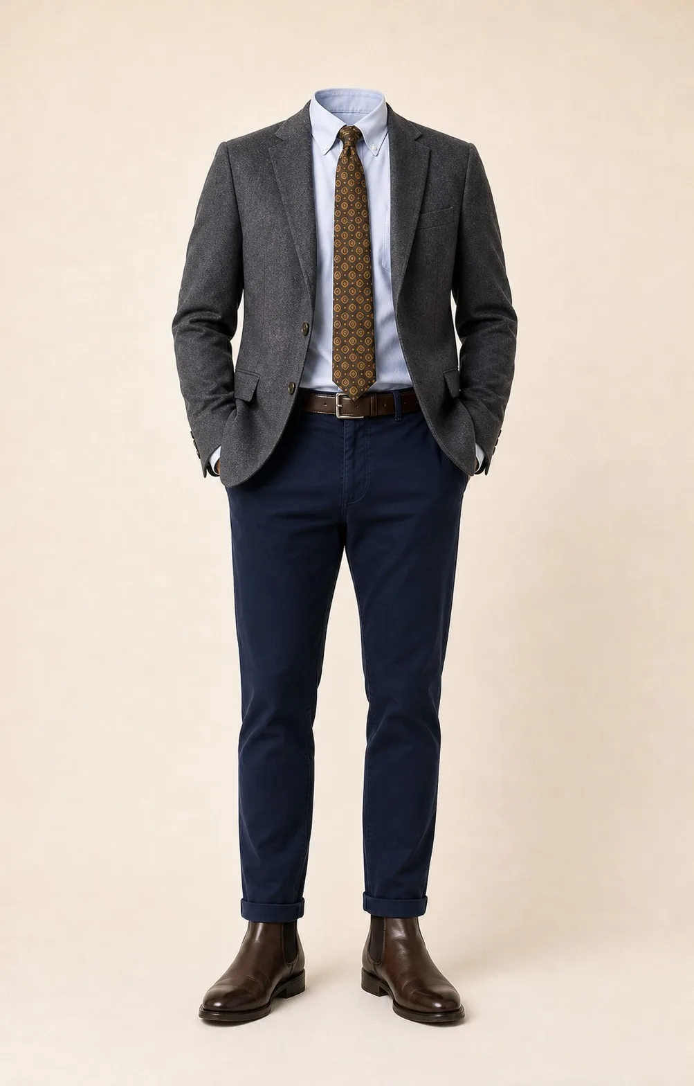 Slate and Navy: Gray blazer, Navy chinos, Light blue Oxford shirt, Brown/gold patterned tie, dark brown belt, and brown Chelsea boots.
