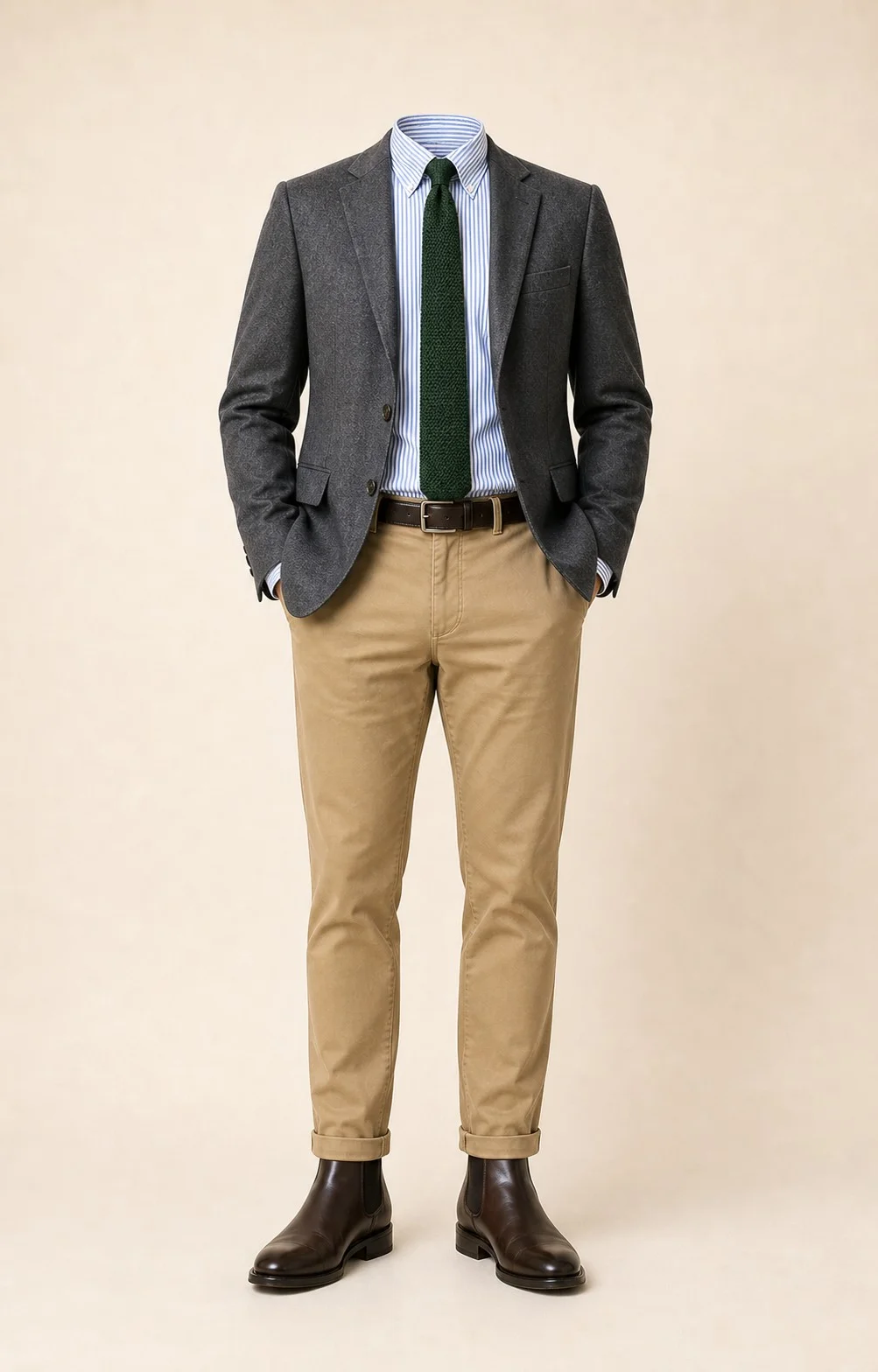 Gray with Forest Green: Gray blazer, Khaki chinos, Blue/white stripe Oxford shirt, Forest green knit tie, dark brown belt, and brown Chelsea boots.