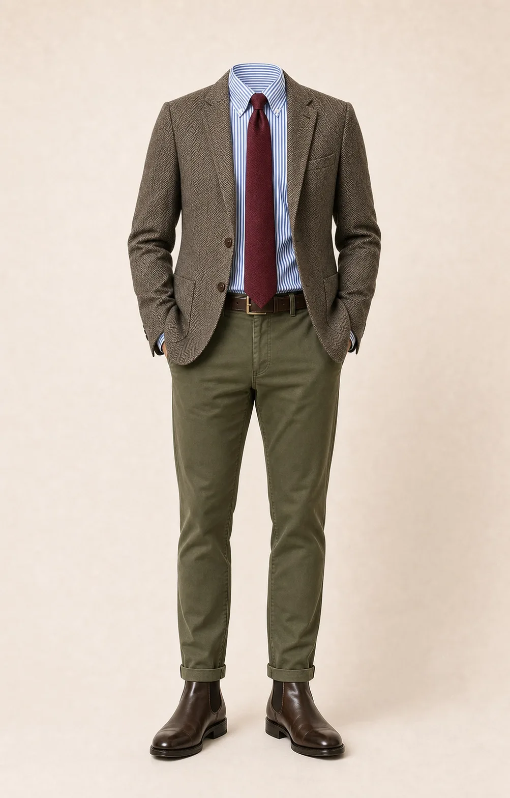 Country Church Burgundy: Brown herringbone blazer, Olive chinos, Blue/white stripe Oxford shirt, Burgundy tie, dark brown belt, and brown Chelsea boots.