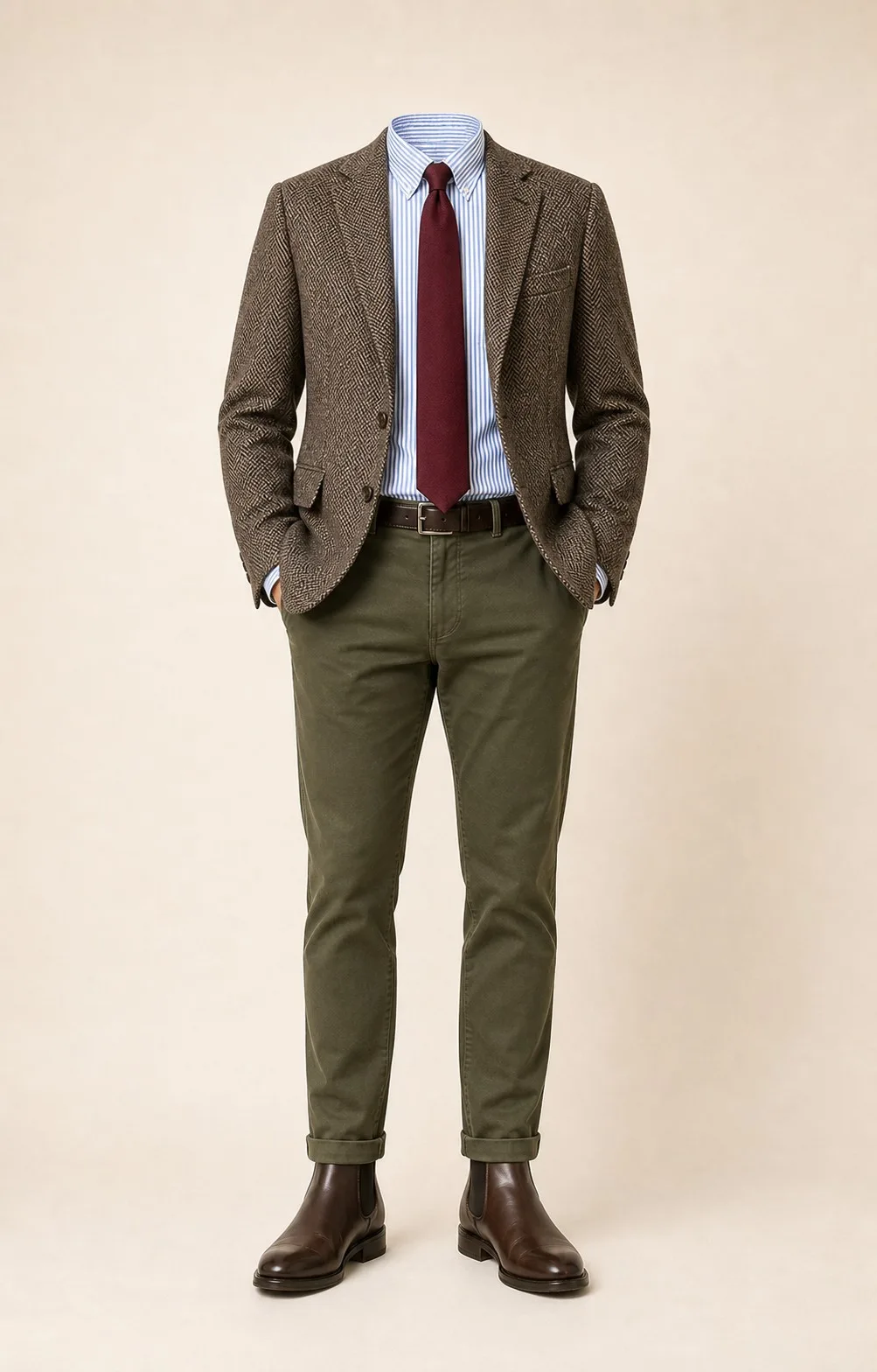 Country Church Burgundy: Brown herringbone sport coat, Olive chinos, Blue/white stripe Oxford shirt, Burgundy tie, dark brown belt, and brown Chelsea boots.