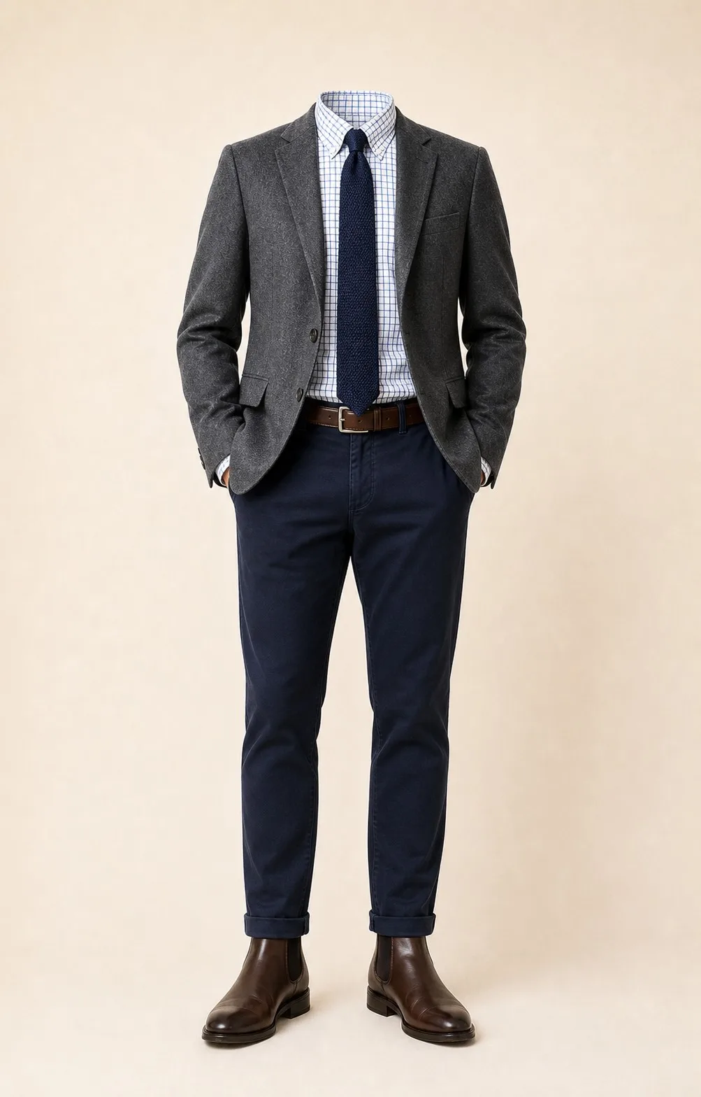 Check and Navy: Gray blazer, Navy chinos, White/blue check Oxford shirt, Navy knit tie, dark brown belt, and brown Chelsea boots.