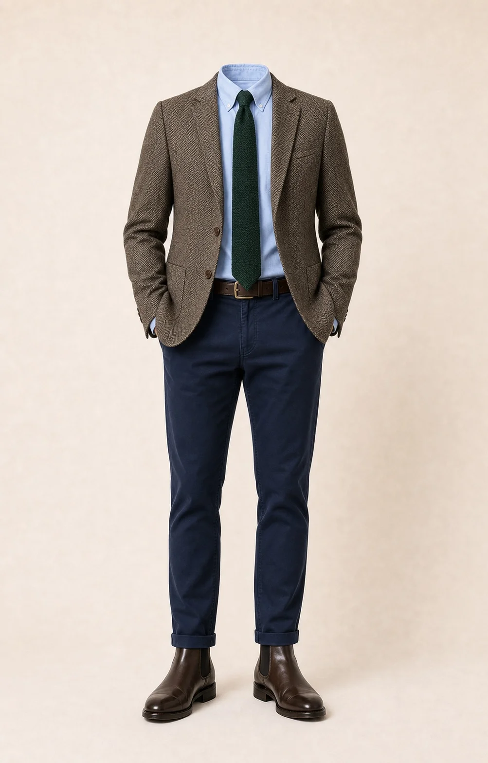 Brown and Navy Depth: Brown herringbone blazer, Navy chinos, Light blue Oxford shirt, Forest green knit tie, dark brown belt, and brown Chelsea boots.