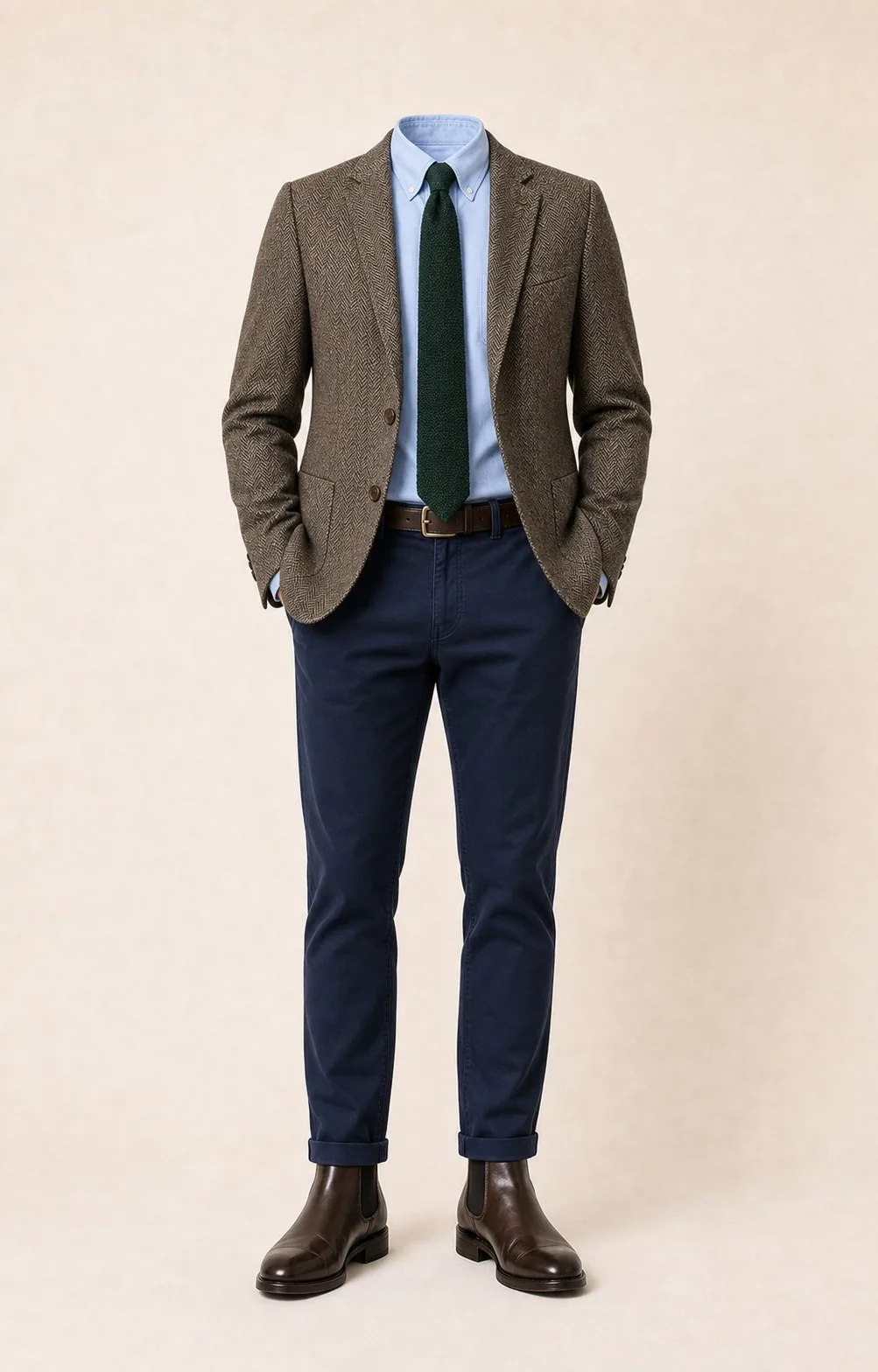 Brown and Navy Depth: Brown herringbone blazer, Navy chinos, Light blue Oxford shirt, Forest green knit tie, dark brown belt, and brown Chelsea boots.