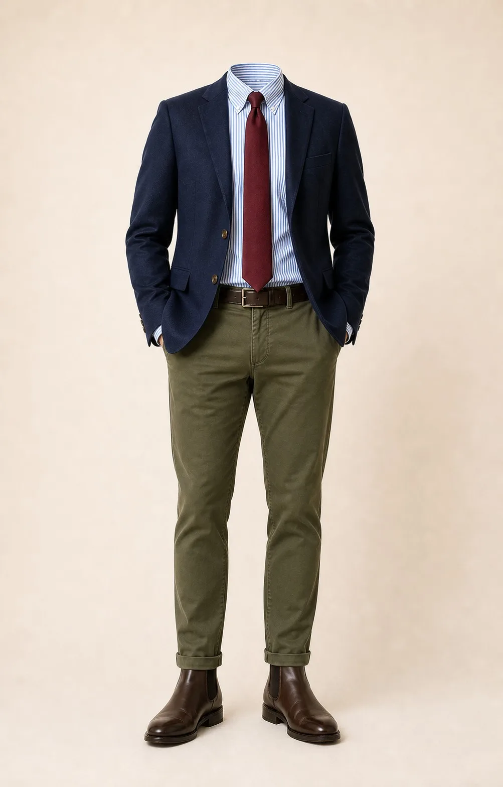Ordinary Means: Navy blazer, Olive chinos, Blue/white stripe Oxford shirt, Burgundy tie, dark brown belt, and brown Chelsea boots.