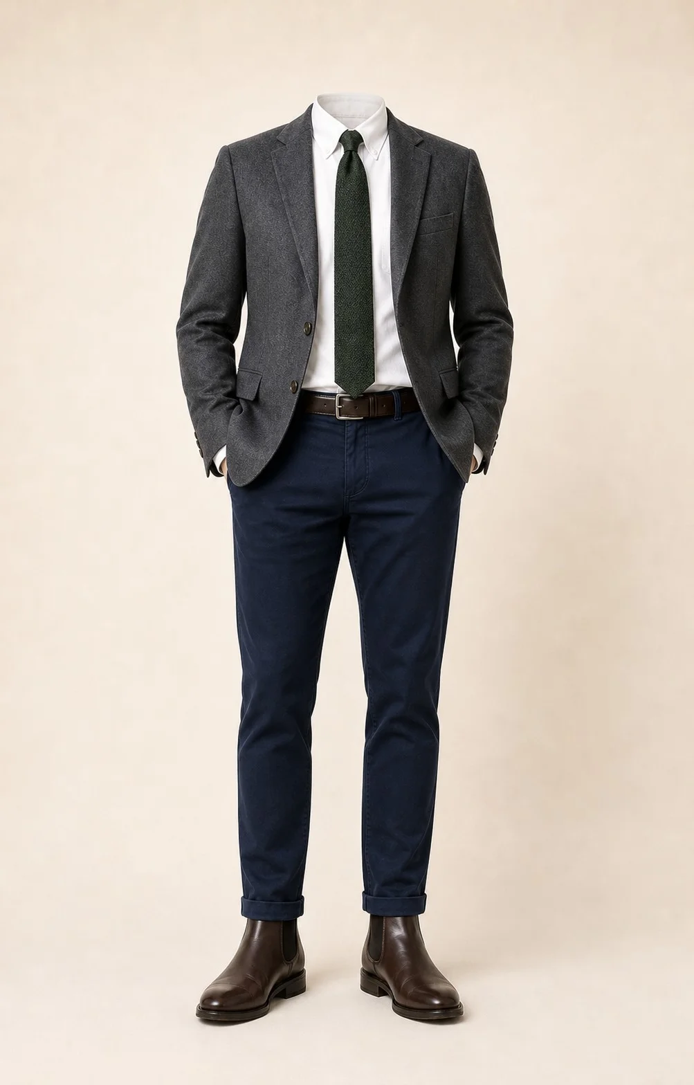 Gray Blazer with Navy Chinos: Gray blazer, Navy chinos, White Oxford shirt, Forest green knit tie, dark brown belt, and brown Chelsea boots.
