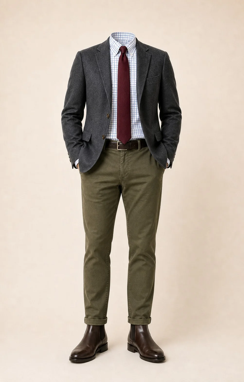 Elder Meeting: Gray blazer, Olive chinos, White/blue check Oxford shirt, Burgundy tie, dark brown belt, and brown Chelsea boots.