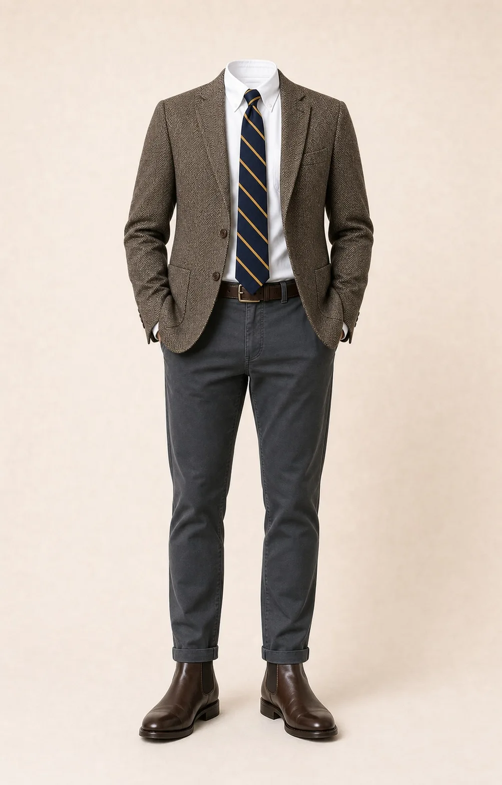 Heritage Contrast: Brown herringbone blazer, Charcoal gray chinos, White Oxford shirt, Navy/gold repp stripe tie, dark brown belt, and brown Chelsea boots.
