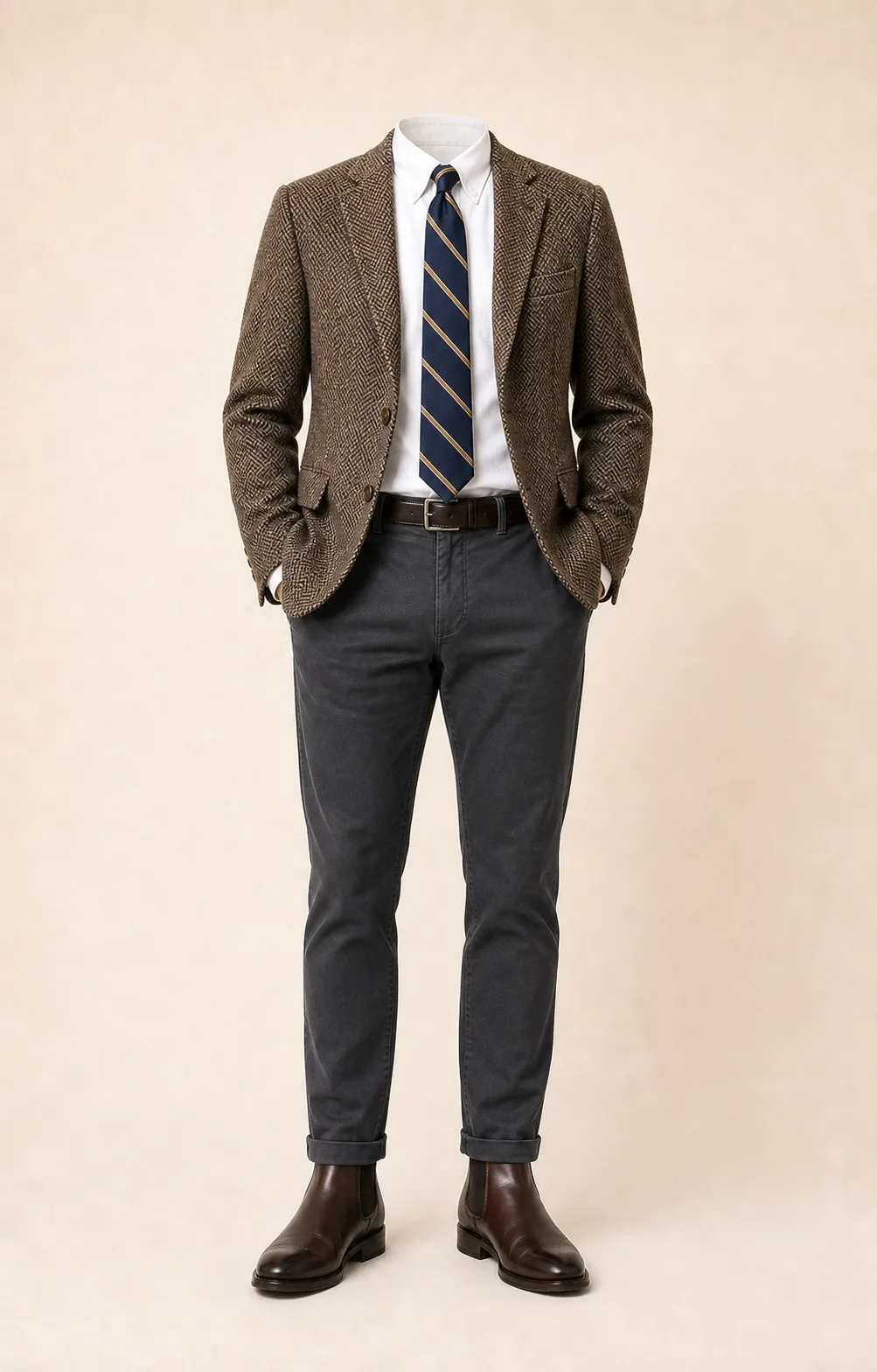 Heritage Contrast: Brown herringbone sport coat, Charcoal gray chinos, White Oxford shirt, Navy/gold repp stripe tie, dark brown belt, and brown Chelsea boots.