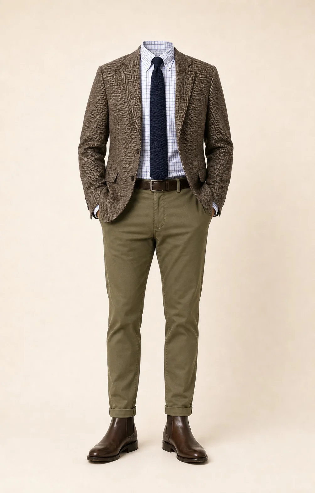 Herringbone Heritage: Brown herringbone sport coat, Olive chinos, White/blue check Oxford shirt, Navy knit tie, dark brown belt, and brown Chelsea boots.