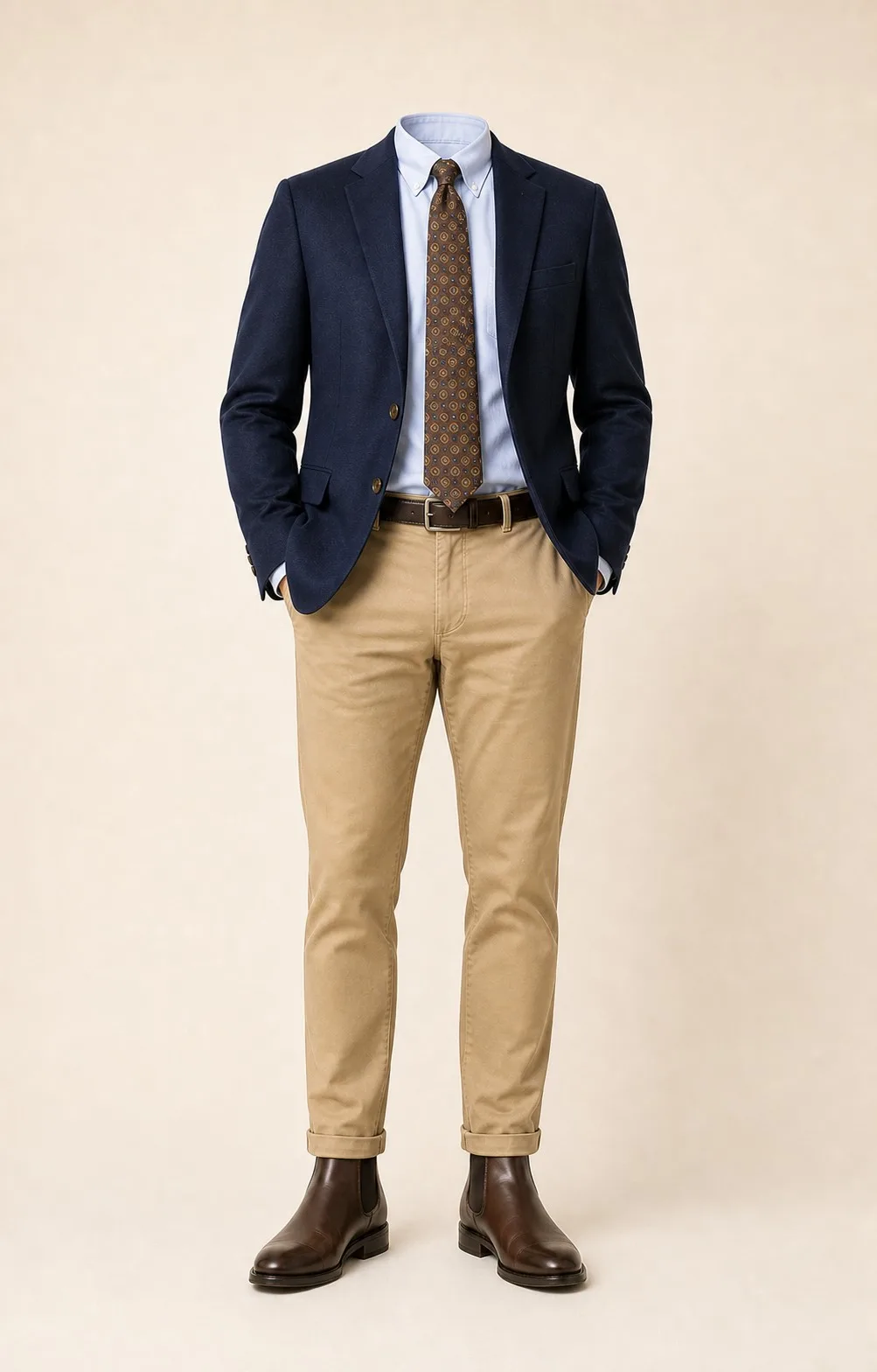 Warm Navy Classic: Navy blazer, Khaki chinos, Light blue Oxford shirt, Brown/gold patterned tie, dark brown belt, and brown Chelsea boots.