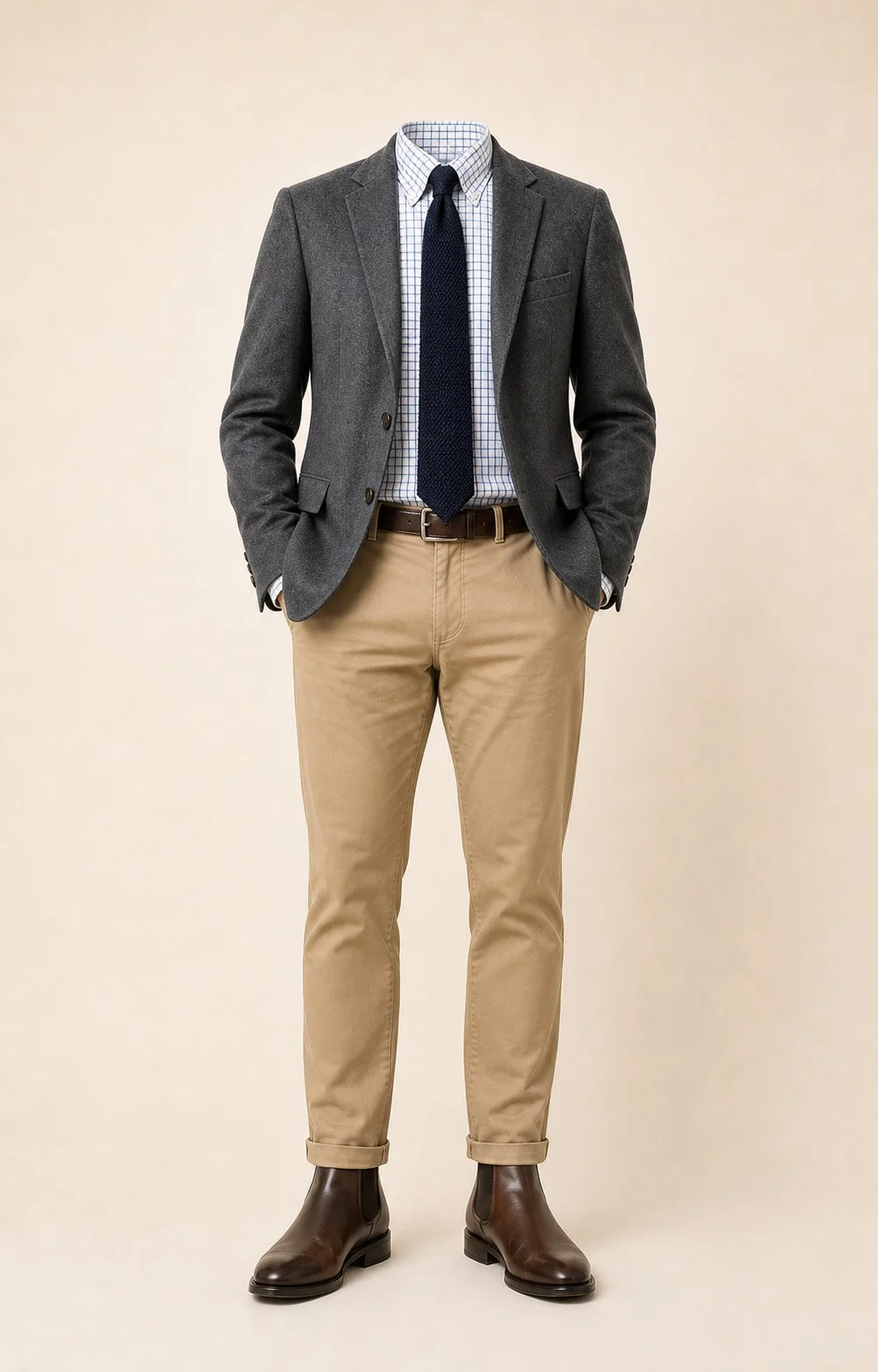 Gray Check Sunday: Gray blazer, Khaki chinos, White/blue check Oxford shirt, Navy knit tie, dark brown belt, and brown Chelsea boots.