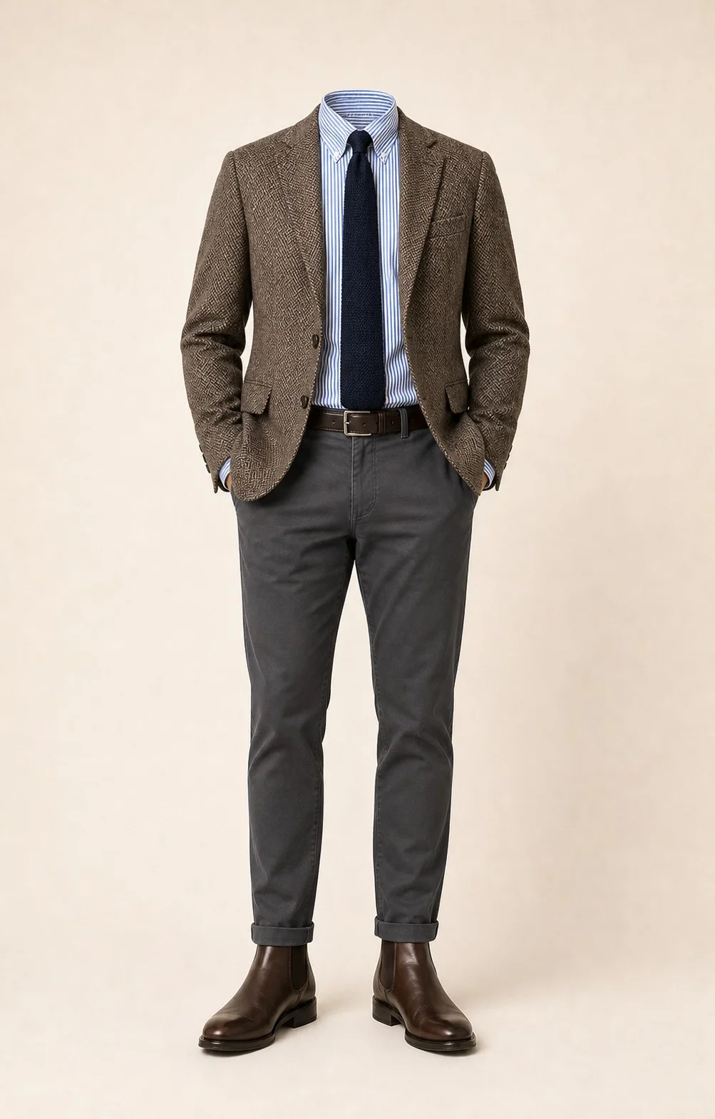 Brown and Charcoal Texture: Brown herringbone sport coat, Charcoal gray chinos, Blue/white stripe Oxford shirt, Navy knit tie, dark brown belt, and brown Chelsea boots.