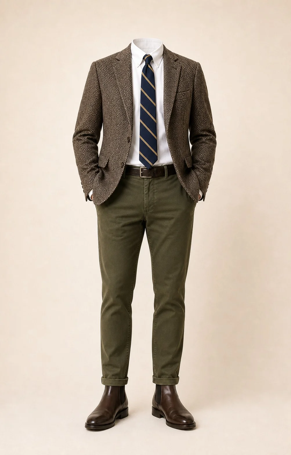 Brown and Olive Staple: Brown herringbone sport coat, Olive chinos, White Oxford shirt, Navy/gold repp stripe tie, dark brown belt, and brown Chelsea boots.