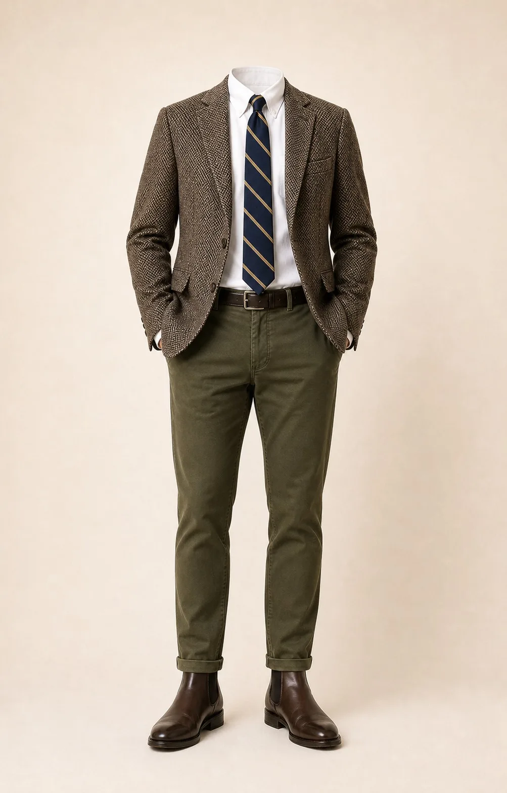Brown and Olive Staple: Brown herringbone sport coat, Olive chinos, White Oxford shirt, Navy/gold repp stripe tie, dark brown belt, and brown Chelsea boots.