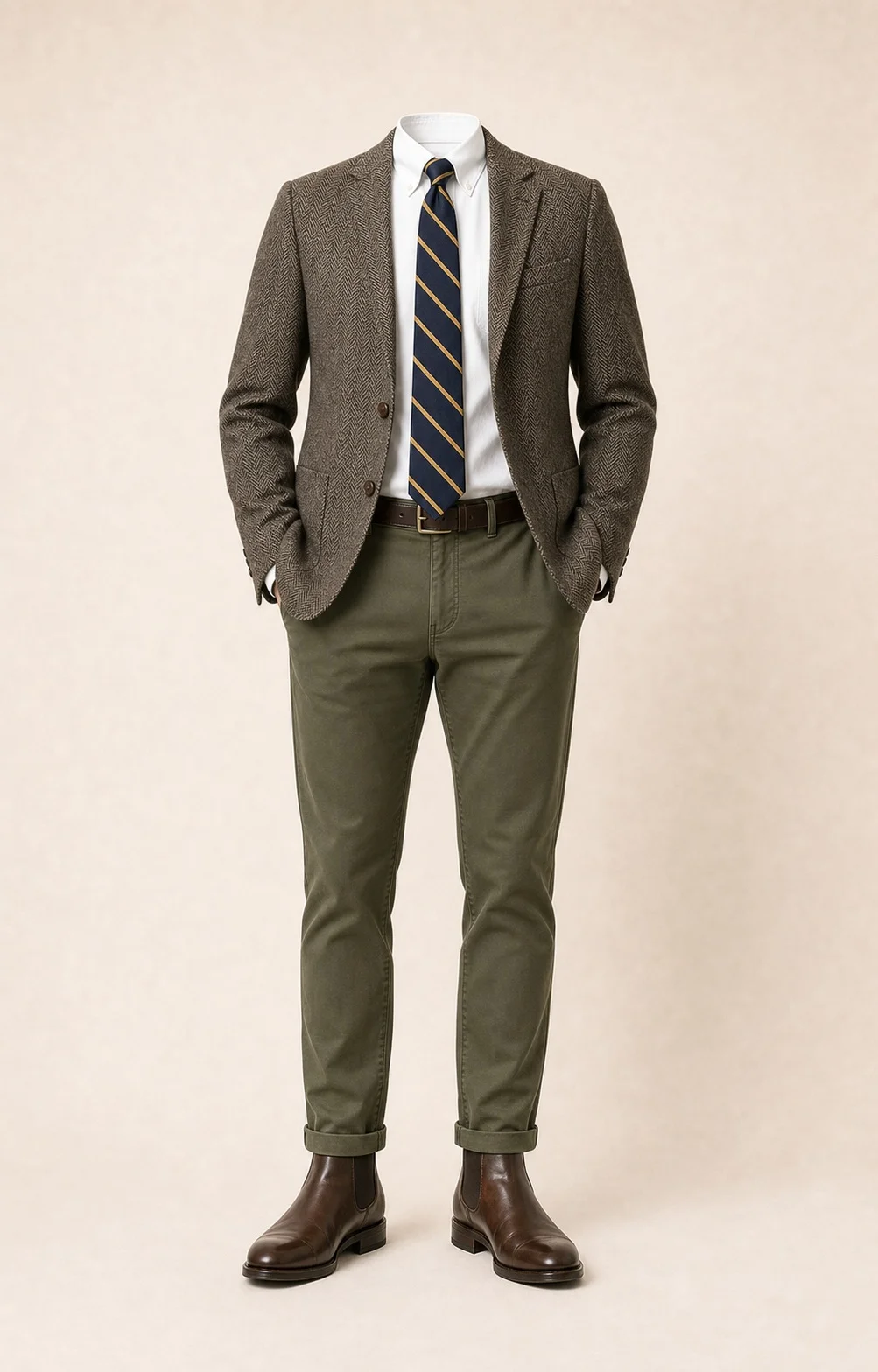 Brown and Olive Staple: Brown herringbone blazer, Olive chinos, White Oxford shirt, Navy/gold repp stripe tie, dark brown belt, and brown Chelsea boots.