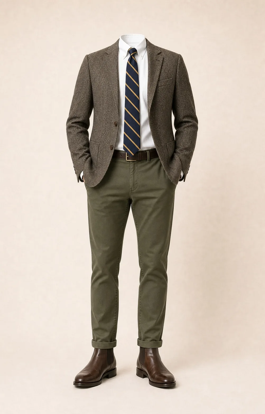 Brown and Olive Staple: Brown herringbone blazer, Olive chinos, White Oxford shirt, Navy/gold repp stripe tie, dark brown belt, and brown Chelsea boots.