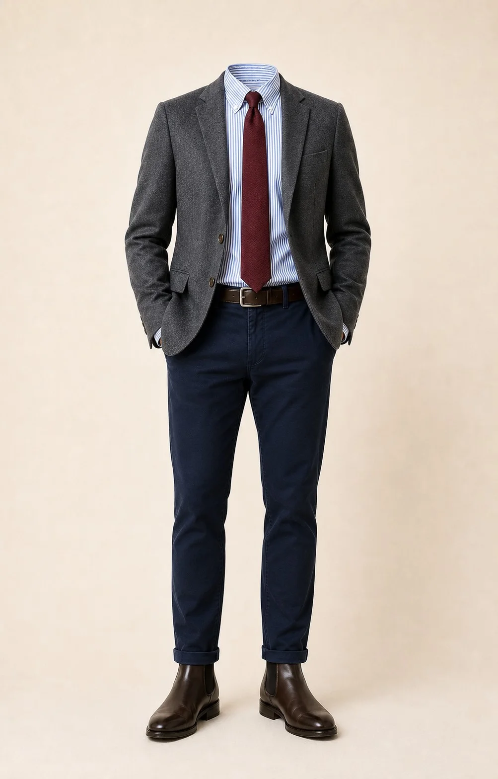 City Session: Gray blazer, Navy chinos, Blue/white stripe Oxford shirt, Burgundy tie, dark brown belt, and brown Chelsea boots.