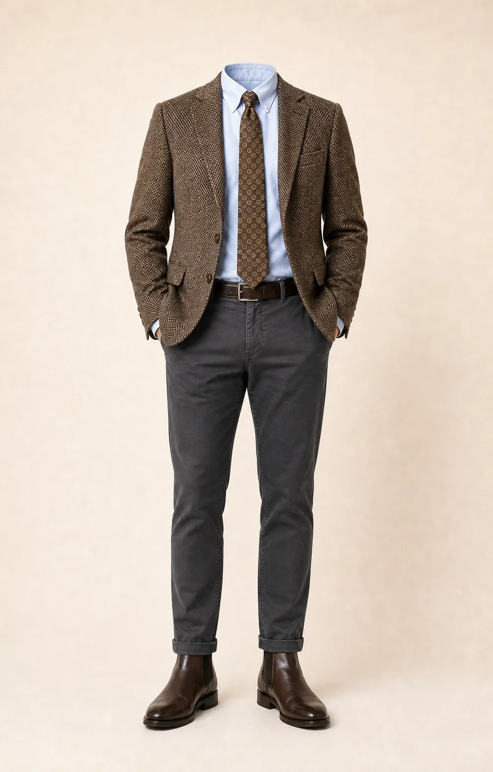 Brown on Charcoal: Brown herringbone sport coat, Charcoal gray chinos, Light blue Oxford shirt, Brown/gold patterned tie, dark brown belt, and brown Chelsea boots.