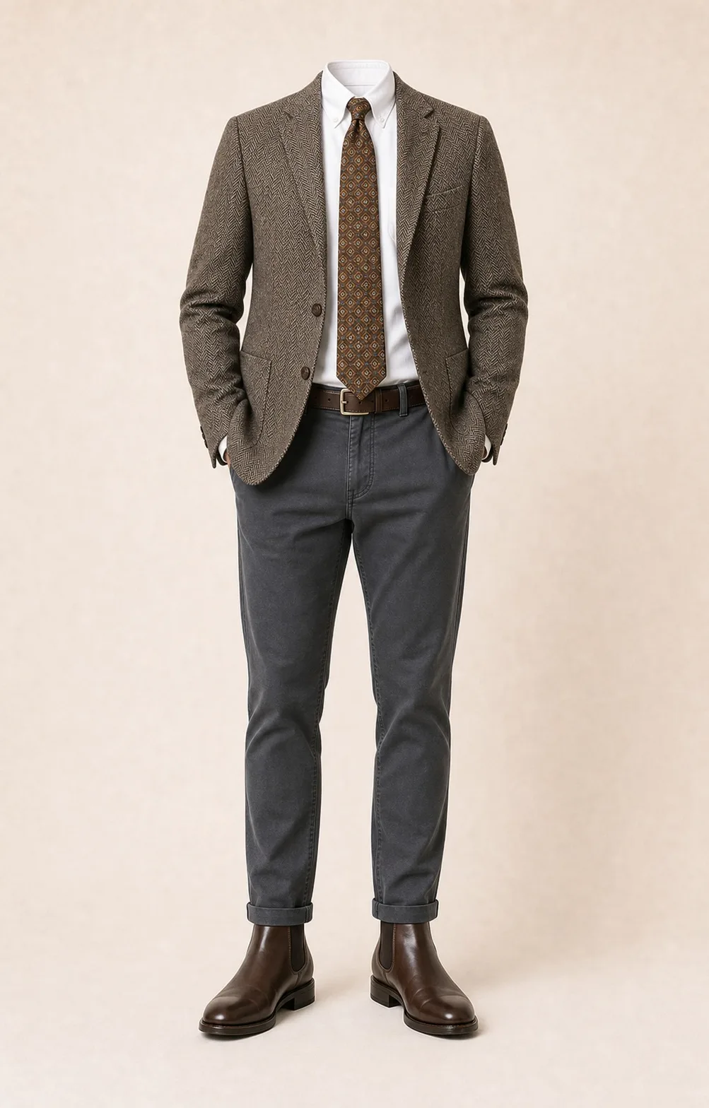 Herringbone Authority: Brown herringbone blazer, Charcoal gray chinos, White Oxford shirt, Brown/gold patterned tie, dark brown belt, and brown Chelsea boots.