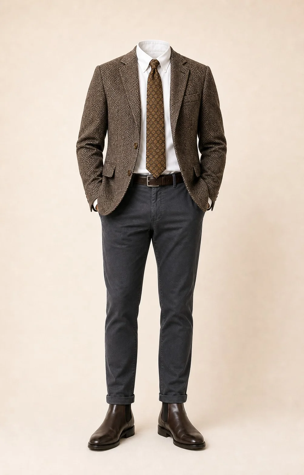 Herringbone Authority: Brown herringbone sport coat, Charcoal gray chinos, White Oxford shirt, Brown/gold patterned tie, dark brown belt, and brown Chelsea boots.