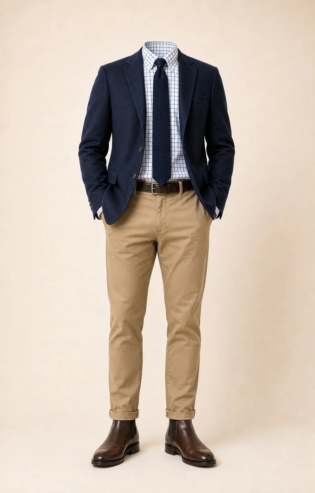 Navy Check Sunday: Navy blazer, Khaki chinos, White/blue check Oxford shirt, Navy knit tie, dark brown belt, and brown Chelsea boots.