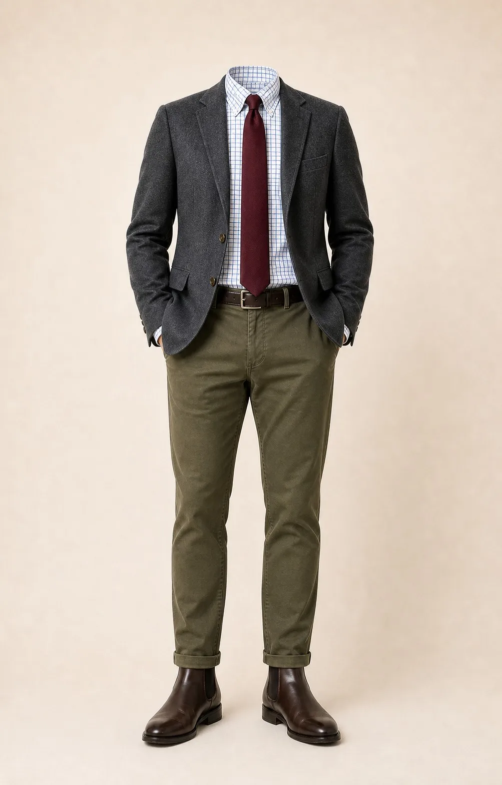 Elder Meeting: Gray blazer, Olive chinos, White/blue check Oxford shirt, Burgundy tie, dark brown belt, and brown Chelsea boots.