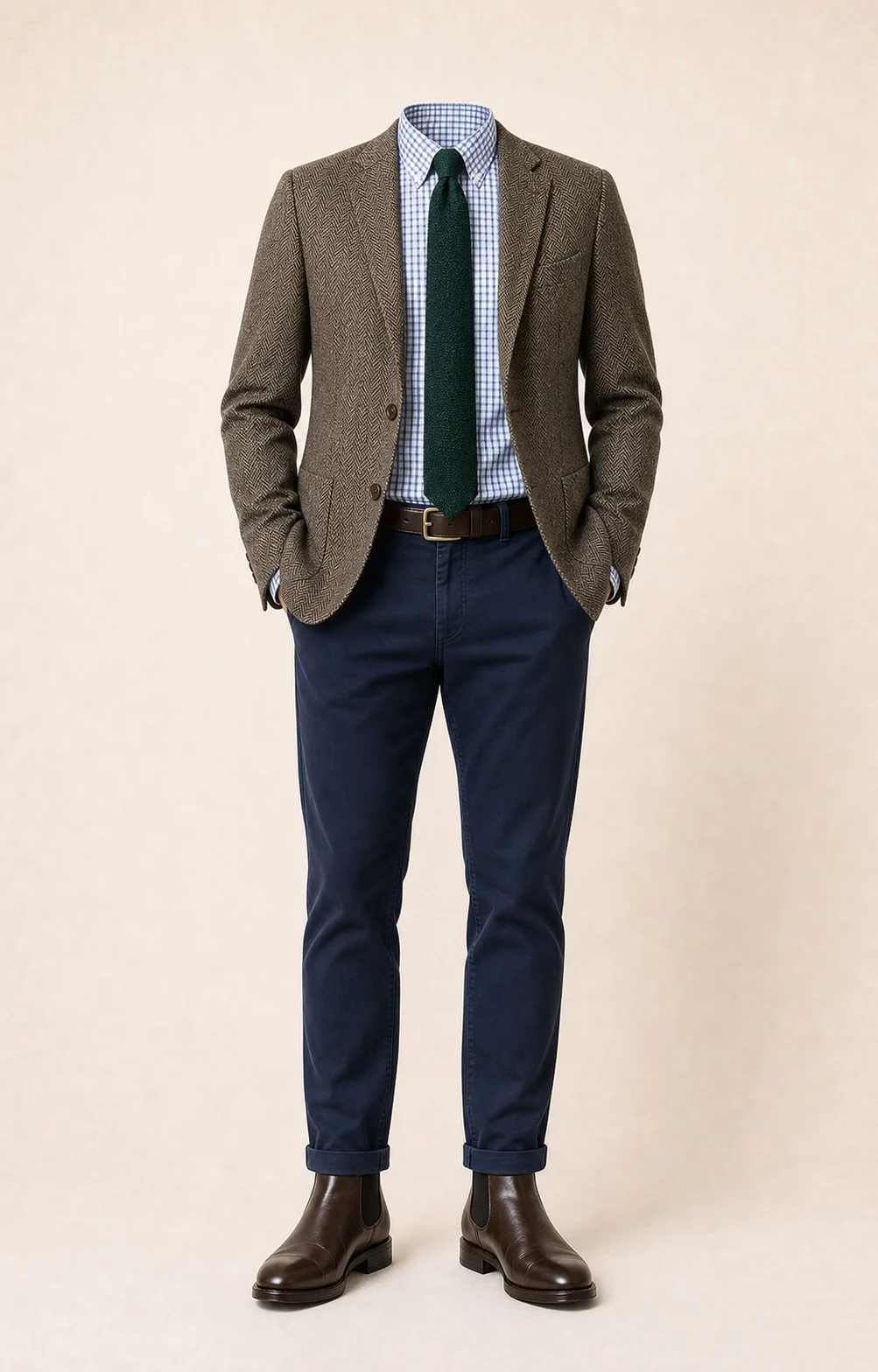 Winter Heritage: Brown herringbone blazer, Navy chinos, White/blue check Oxford shirt, Forest green knit tie, dark brown belt, and brown Chelsea boots.