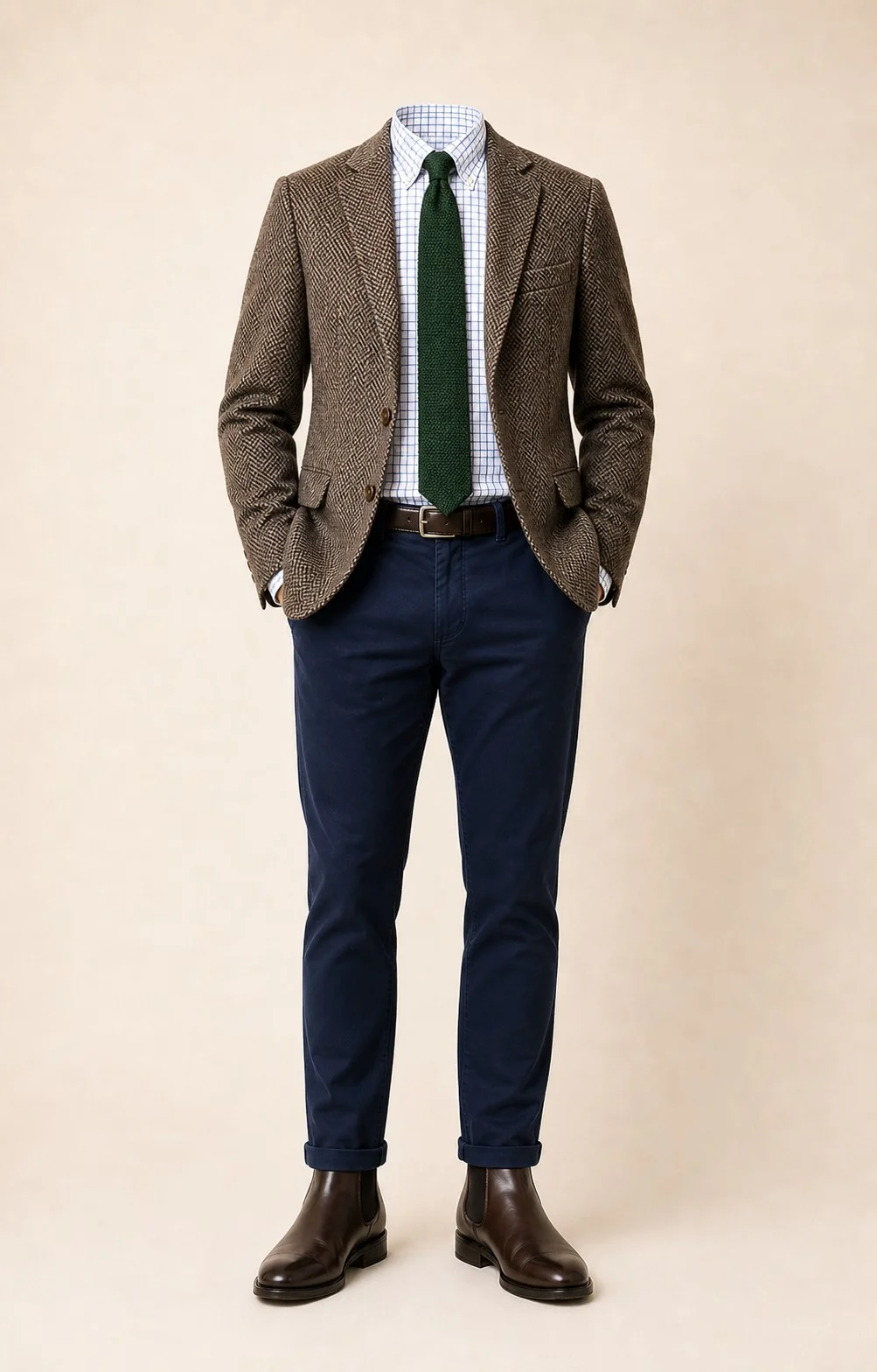 Winter Heritage: Brown herringbone sport coat, Navy chinos, White/blue check Oxford shirt, Forest green knit tie, dark brown belt, and brown Chelsea boots.