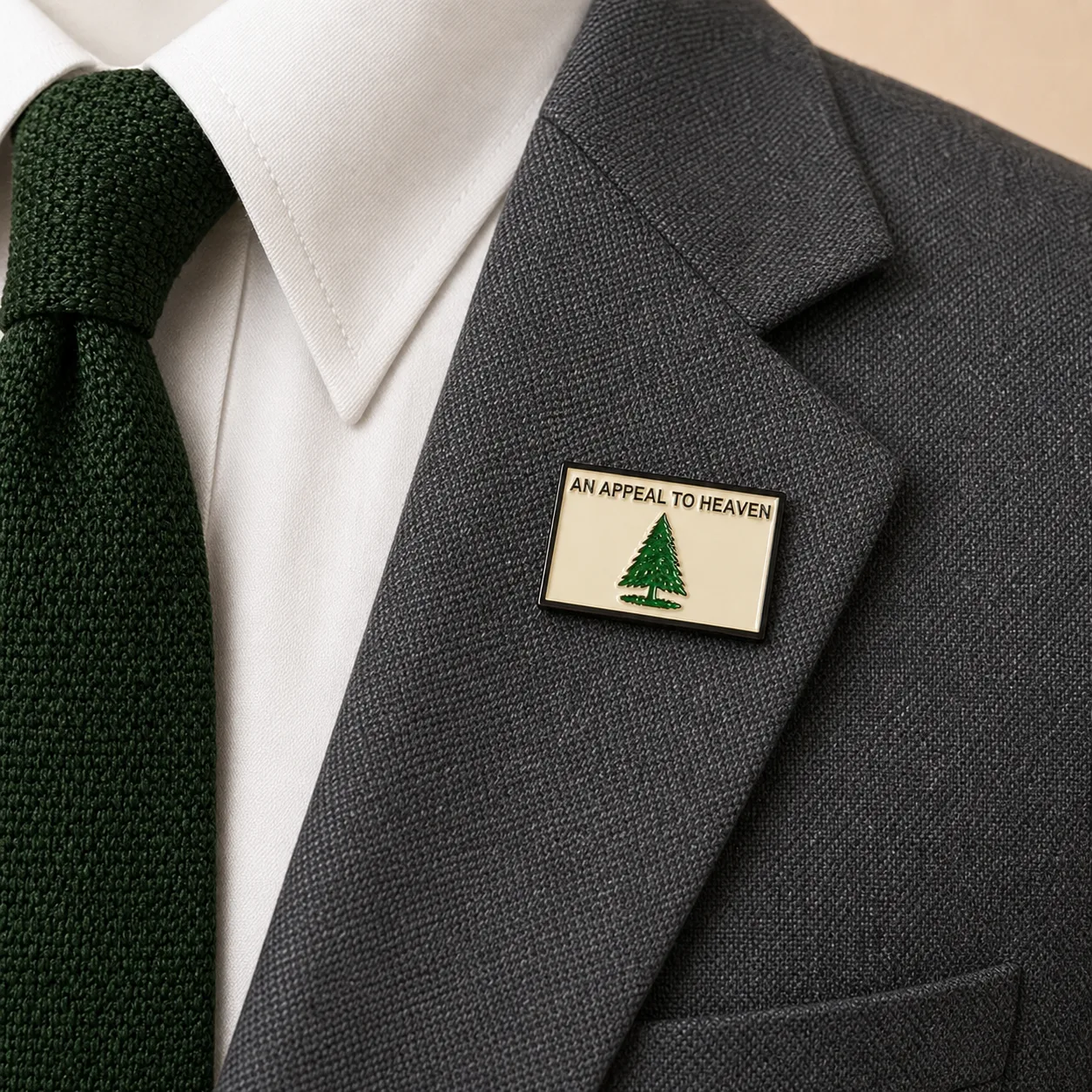 An Appeal to Heaven 2.0 lapel pin worn on the gray blazer