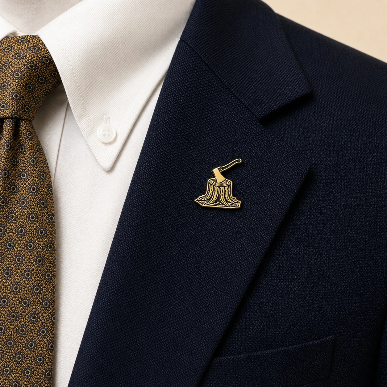 Boniface 2.0 lapel pin worn on the navy blazer
