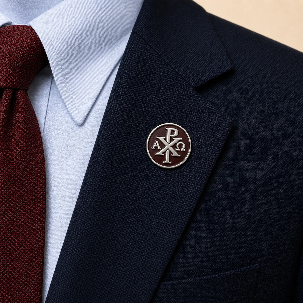 Chi Rho lapel pin worn on the navy blazer