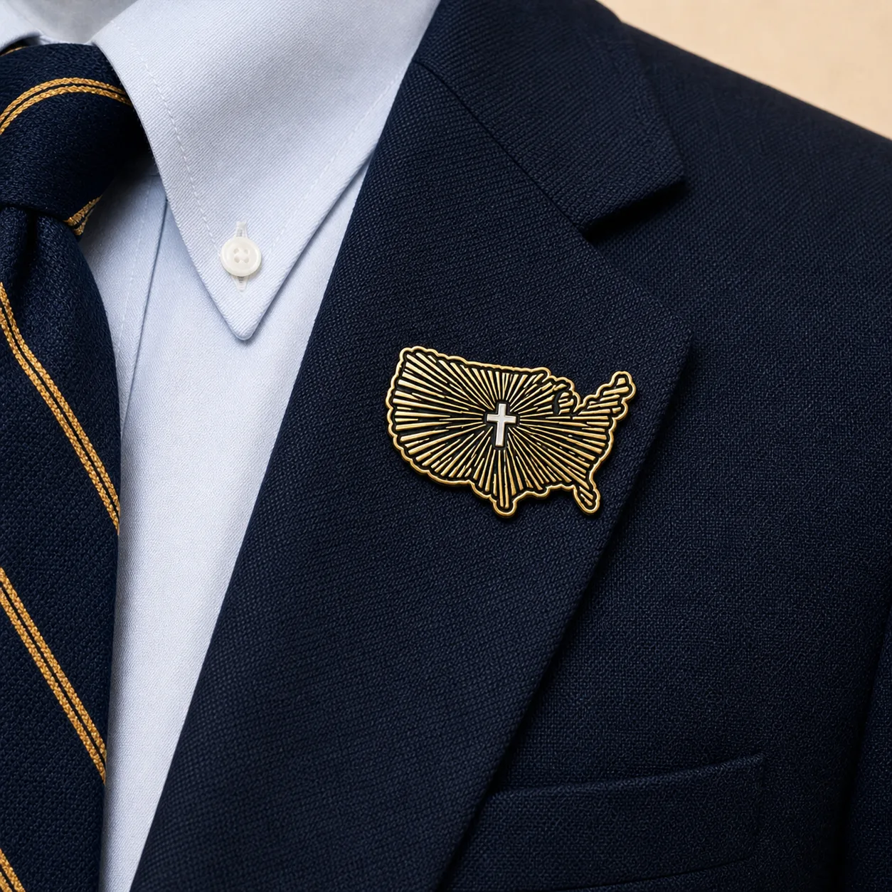 The Lone Bulwark lapel pin worn on the navy blazer