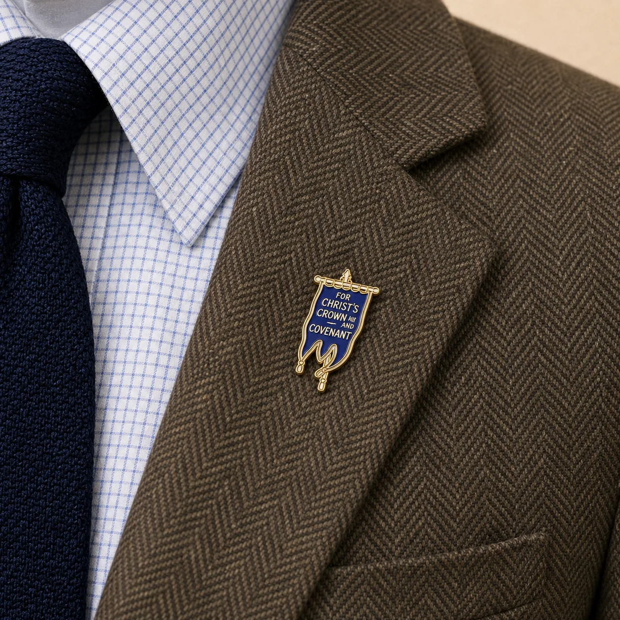 Covenanter Blue Banner lapel pin worn on the brown herringbone sport coat