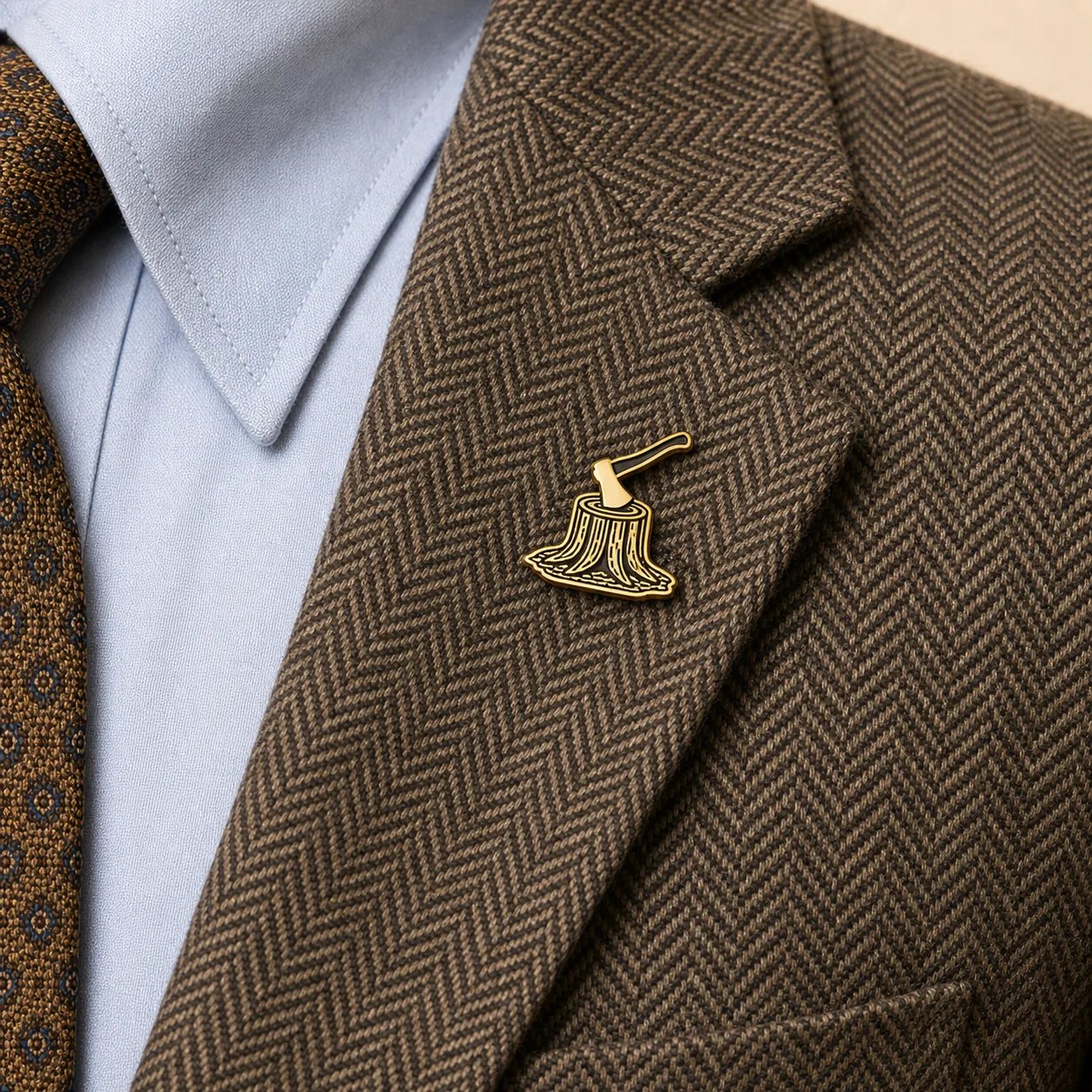 Boniface 2.0 lapel pin worn on the brown herringbone sport coat